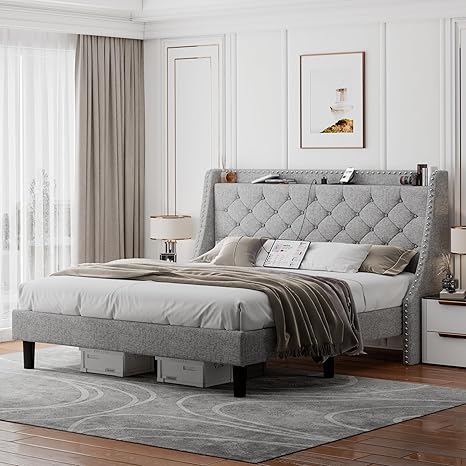 Feonase King Bed Frame with Luxury Wingback Upholstered Button Tufted Storage Headboard, King Platform Bed with Charging Station, Sturdy Wooden Slats Support, Noise-Free, Easy Assembly, Light Gray