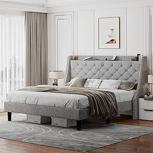 Feonase King Bed Frame with Luxury Wingback Upholstered Button Tufted Storage Headboard, King Platform Bed with Charging Station, Sturdy Wooden Slats Support, Noise-Free, Easy Assembly, Light Gray