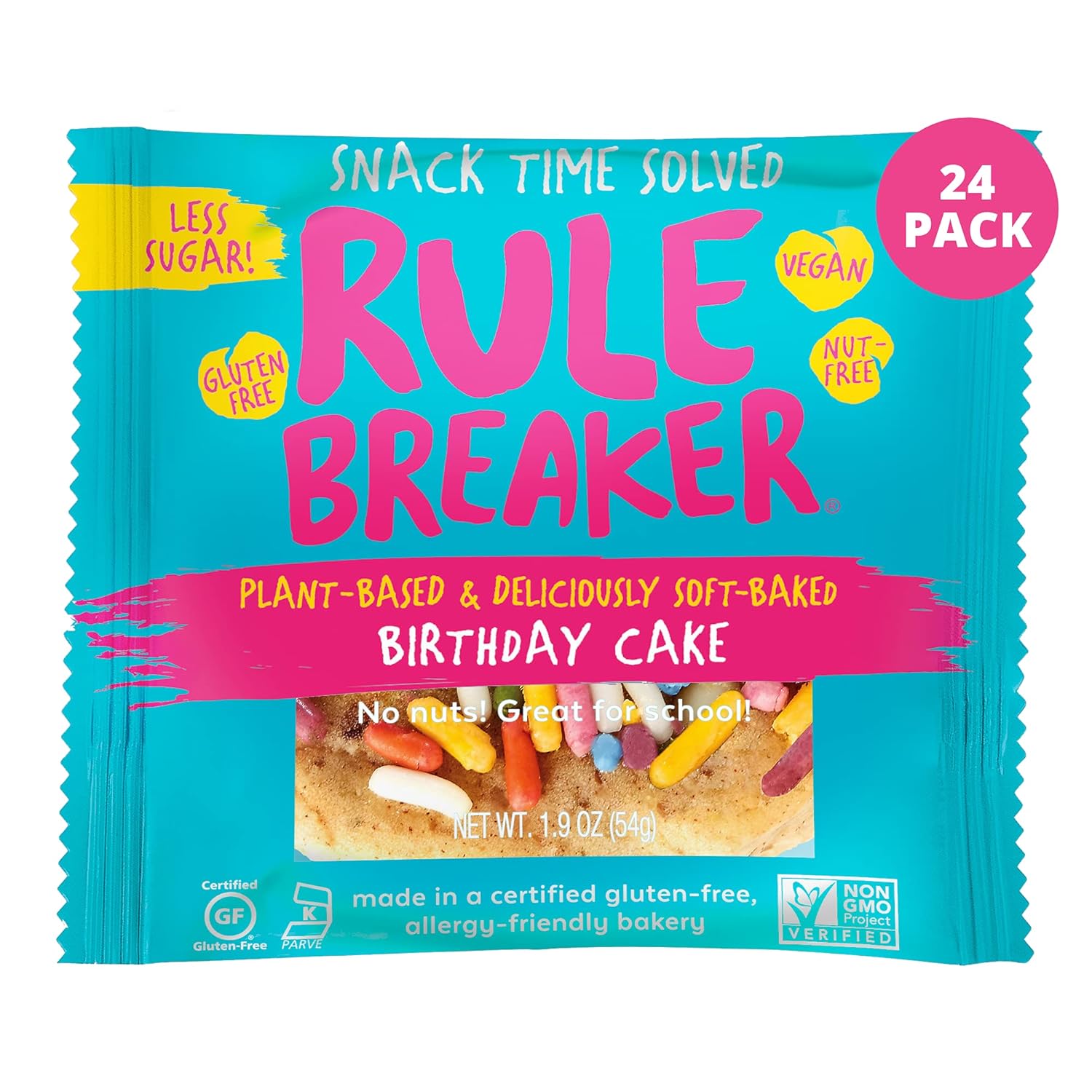 Rule Breaker Vegan & Gluten Free Cookies | Birthday Cake | Plant-Based, Nut-Free, Top 11 Allergen-Free | Great for School, Office | Soft-Baked, Individually Wrapped (Pack of 24)