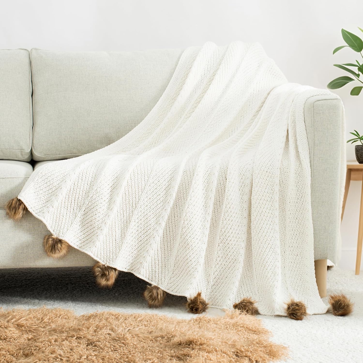 Chenille Knit Pompom Throw Blanket Fluffy Fuzzy Soft Lightweight Cozy Farmhouse Tassels Chunky Knitted Throws for Couch Sofa Bed (White, 50"x60") - Image 2