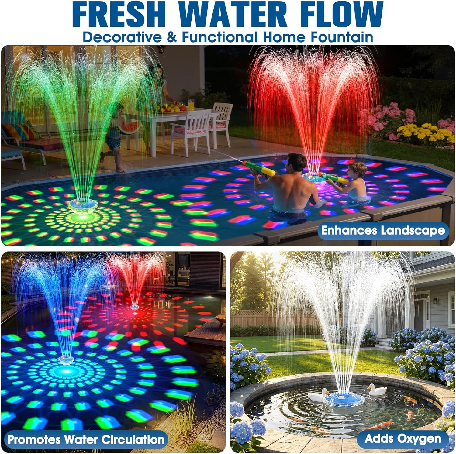 8000mAh Rechargeable Pool Fountain with Lights,2026 Floating Pool Fountain for Above Ground Pool Water Fountain Pump with Anchor,Upgraded Swimming Pool Fountain Floating Pump for Pool Pond-Light Blue