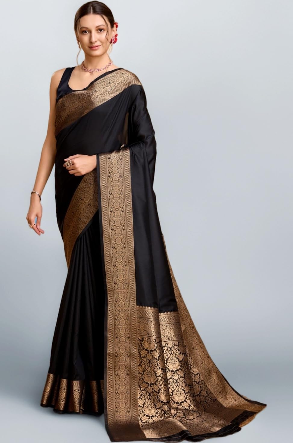 SWORNOF Women's Silk Kanjivaram Kanchipuram Saree With Blouse Piece