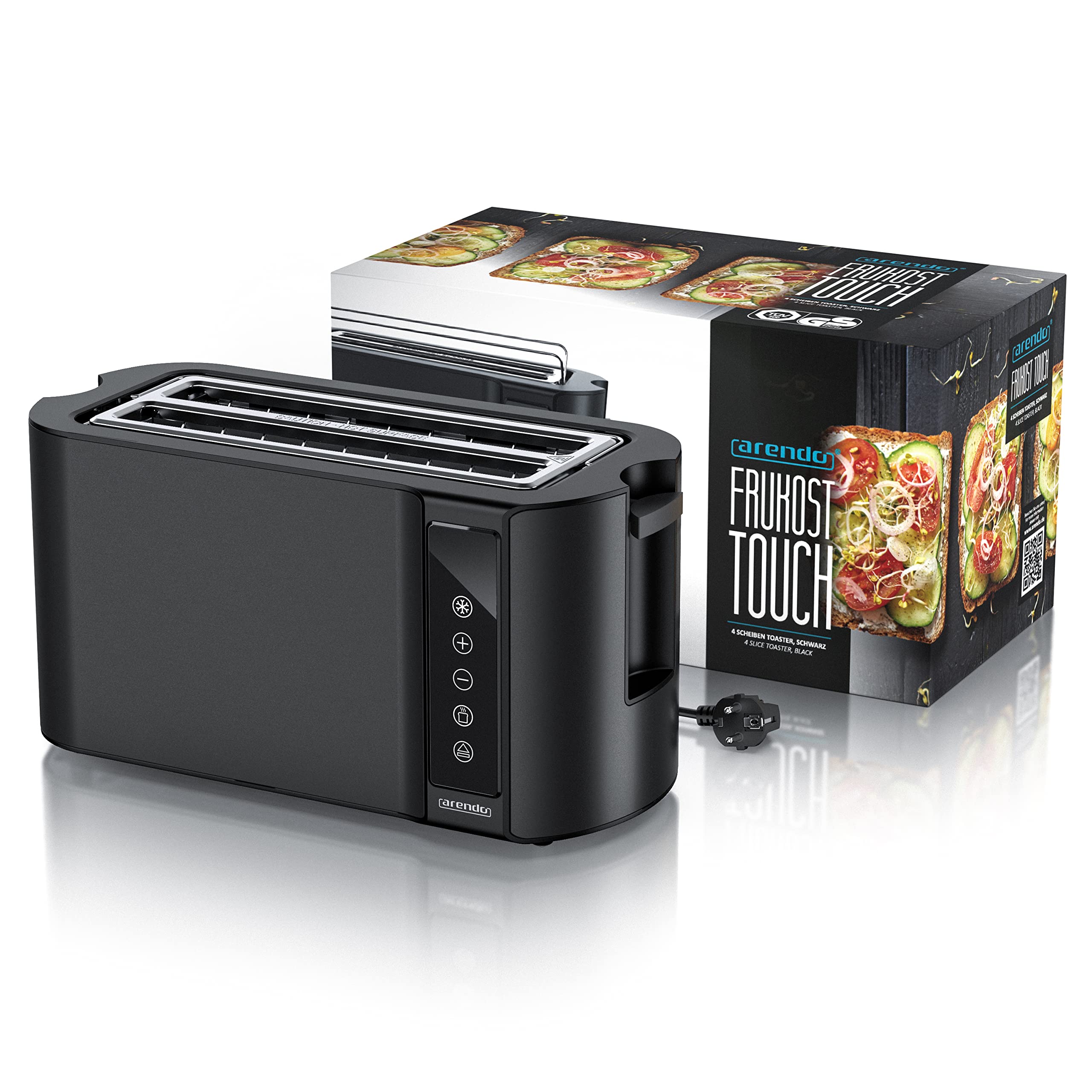 Arendo Tostapane 4 fessure lunghe 1500 W, display touch, doppio guscio, supporto per brioche, 7 livelli di tostatura, centratura e display del tempo rimanente, funzione memoria