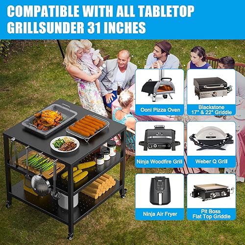 Miniatura 5 de Carrito de parrilla al aire libre, mesa de horno de pizza con ruedas, tres estantes movibles para comedor, barbacoa, preparación de alimentos y mesa