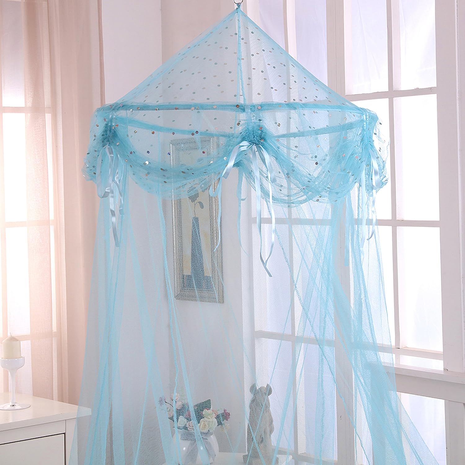 Cotton Loft Fantasy Kids 5008404 Buttons and Bows Kids Collapsible Hoop Sheer Bed Canopy, Blue, One Size