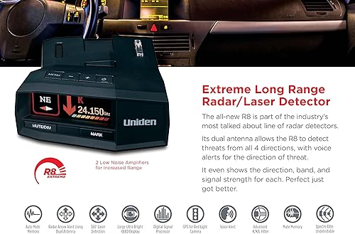 Miniatura 5 de UNIDEN R8 Extreme - Detector de radarláser de largo alcance, detección frontal y trasera de doble antenas con flechas direccionales, GPS integrado