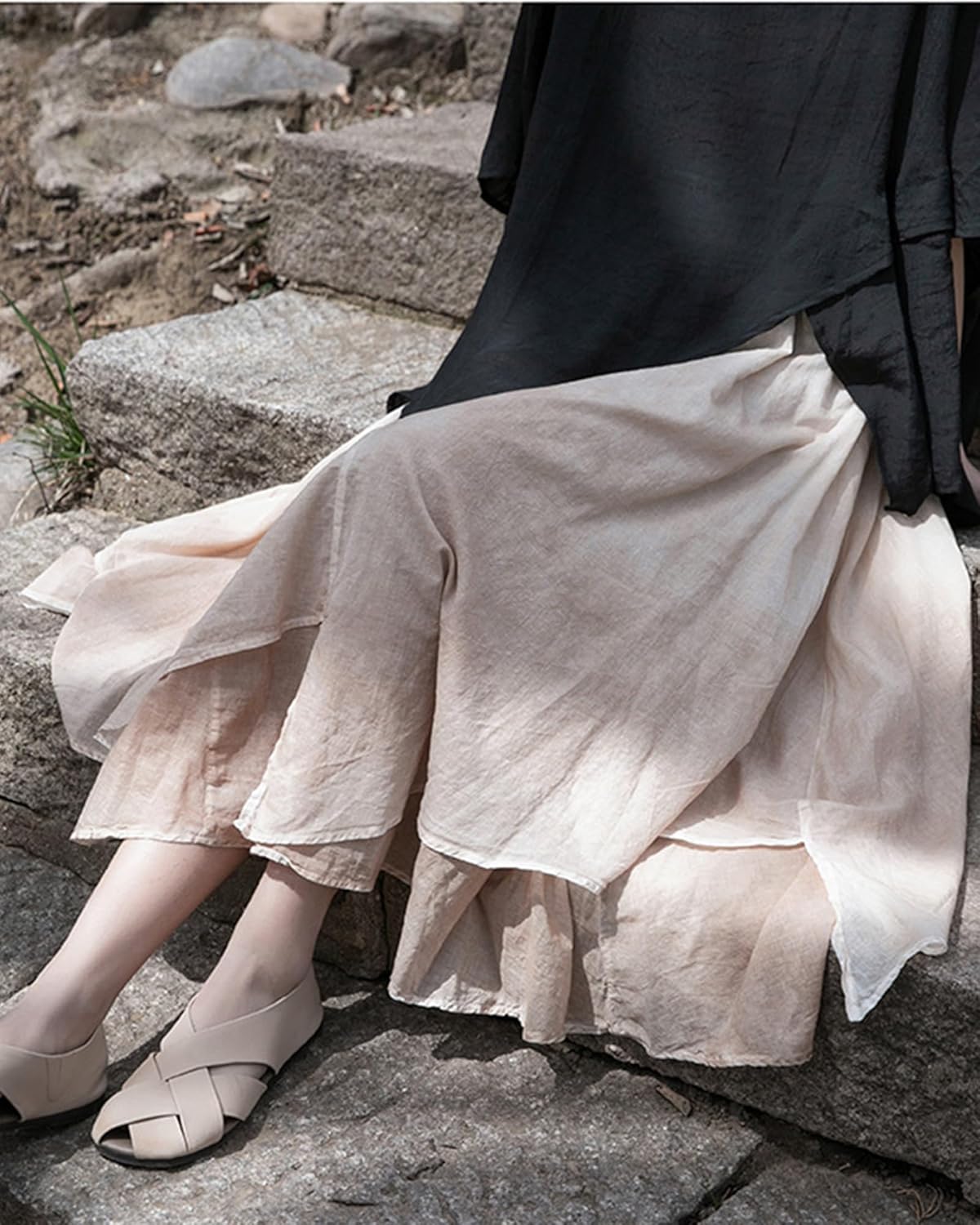 LUZU JUNU Women's Elastic Waist Cotton Layered Flowy Irregular Bohemian Maxi Skirt for Vacation