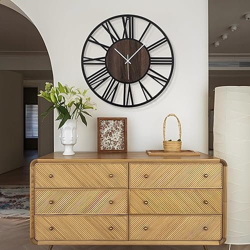 Miniatura 8 de LEIKE Reloj de pared grande para sala de estar, silencioso, sin tictac, funciona con pilas, reloj de pared de madera redondo y moderno de gran