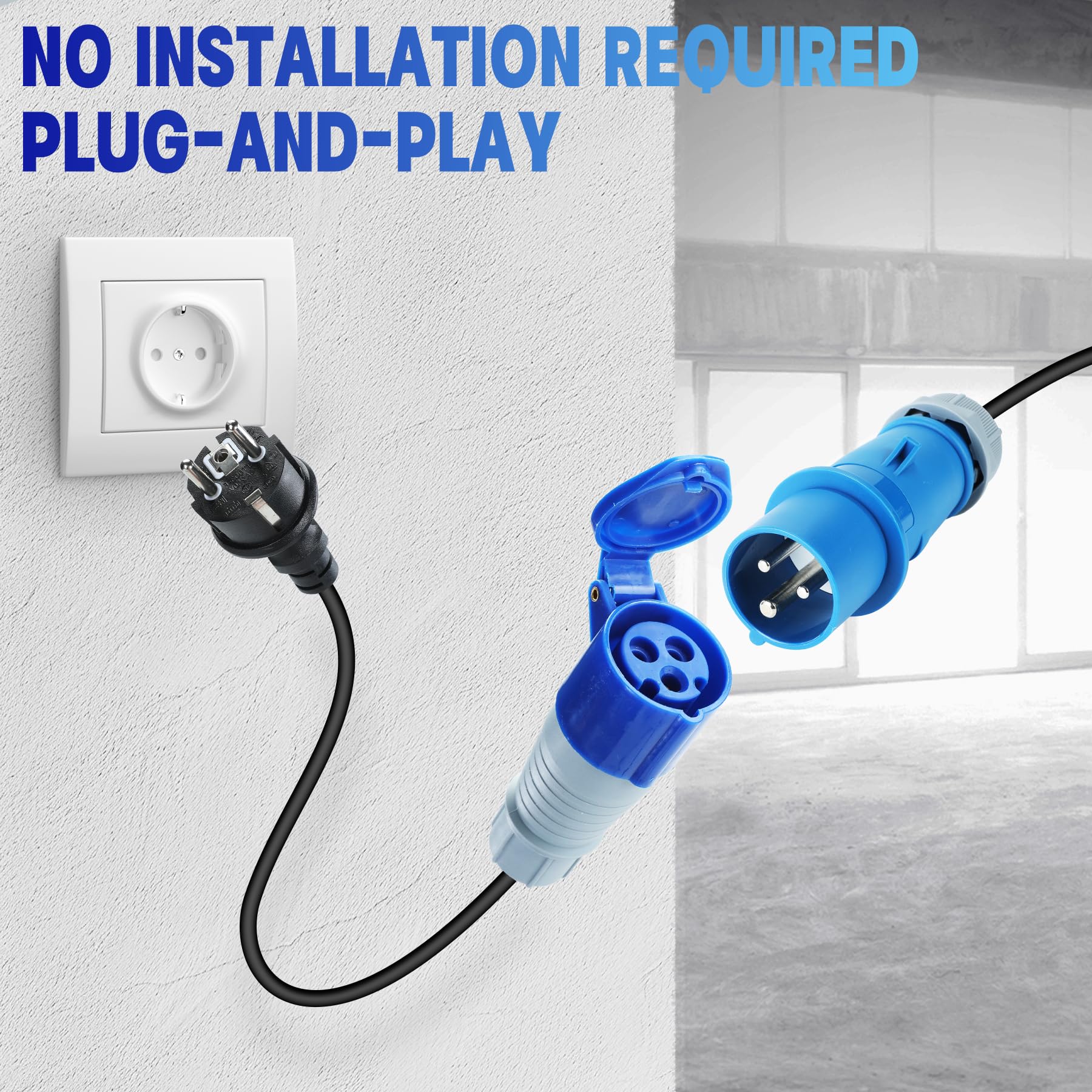 Przewód adaptera CEE, 10 m, adapter CEE, 230 V/16 A, 3-biegunowa wtyczka CEE, kabel IP44 CEE, przedłużacz ze złączem kątowym CEE, złącze Schuko, adapter do wtyczki kempingowej, akcesoria do przyczep