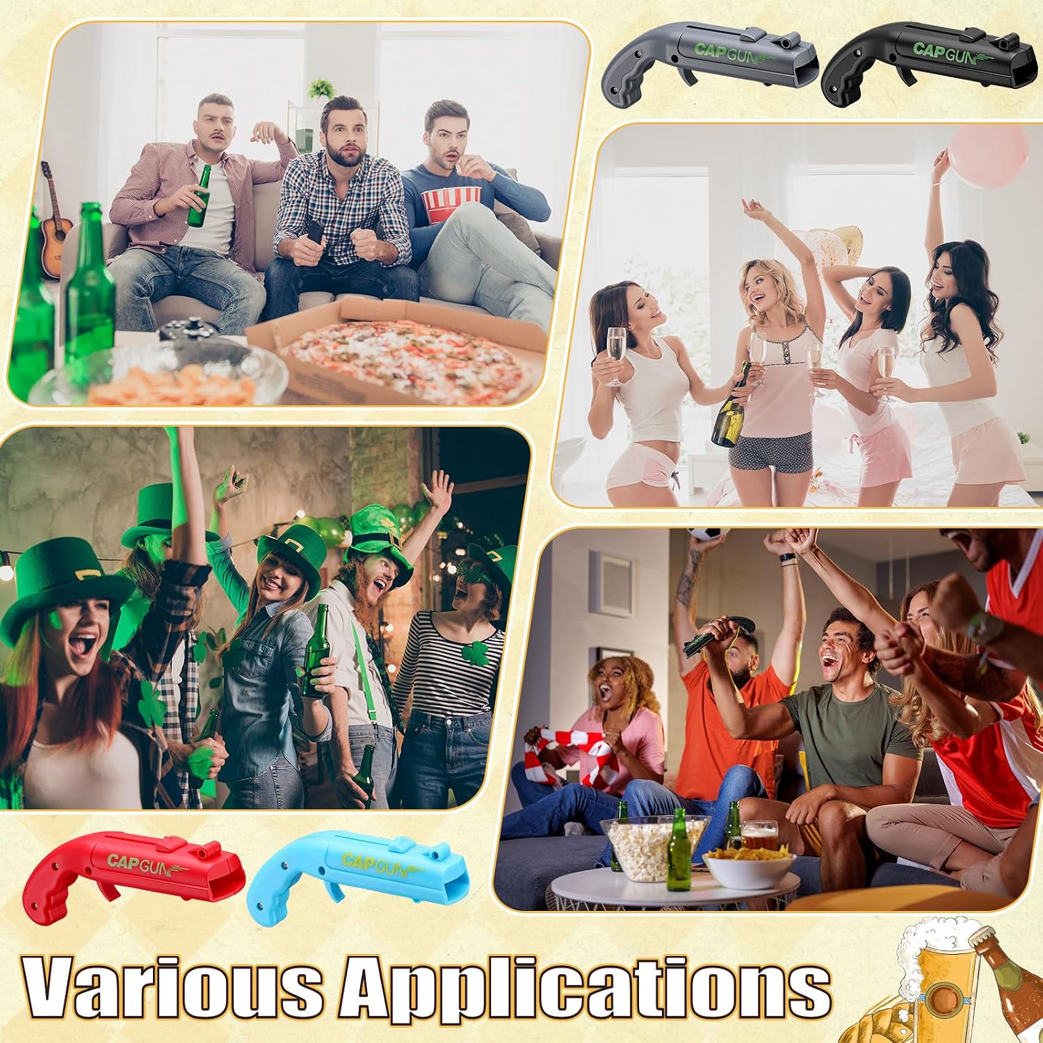 Vesici 8 Pcs Bottle Opener Launcher Cap Shooting Gun, Fun Bottle Caps Launcher Tool for Party Outdoor Barbecue Bar (Black, Red, Blue, Grey)