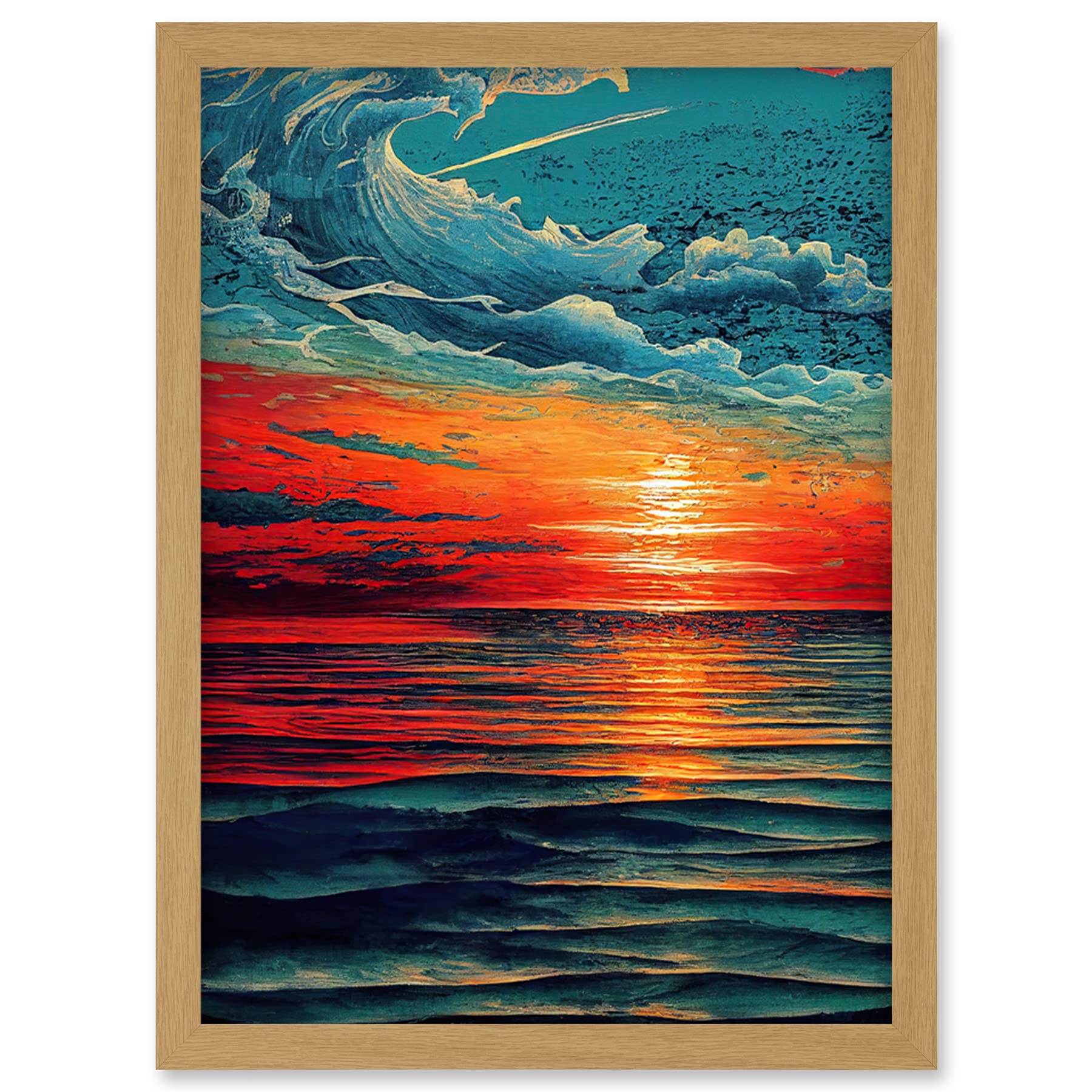 Artery8 Seascape Scarlet Sunrise Fiery Horizon Clouds Artwork Framed Wall Art Print A4