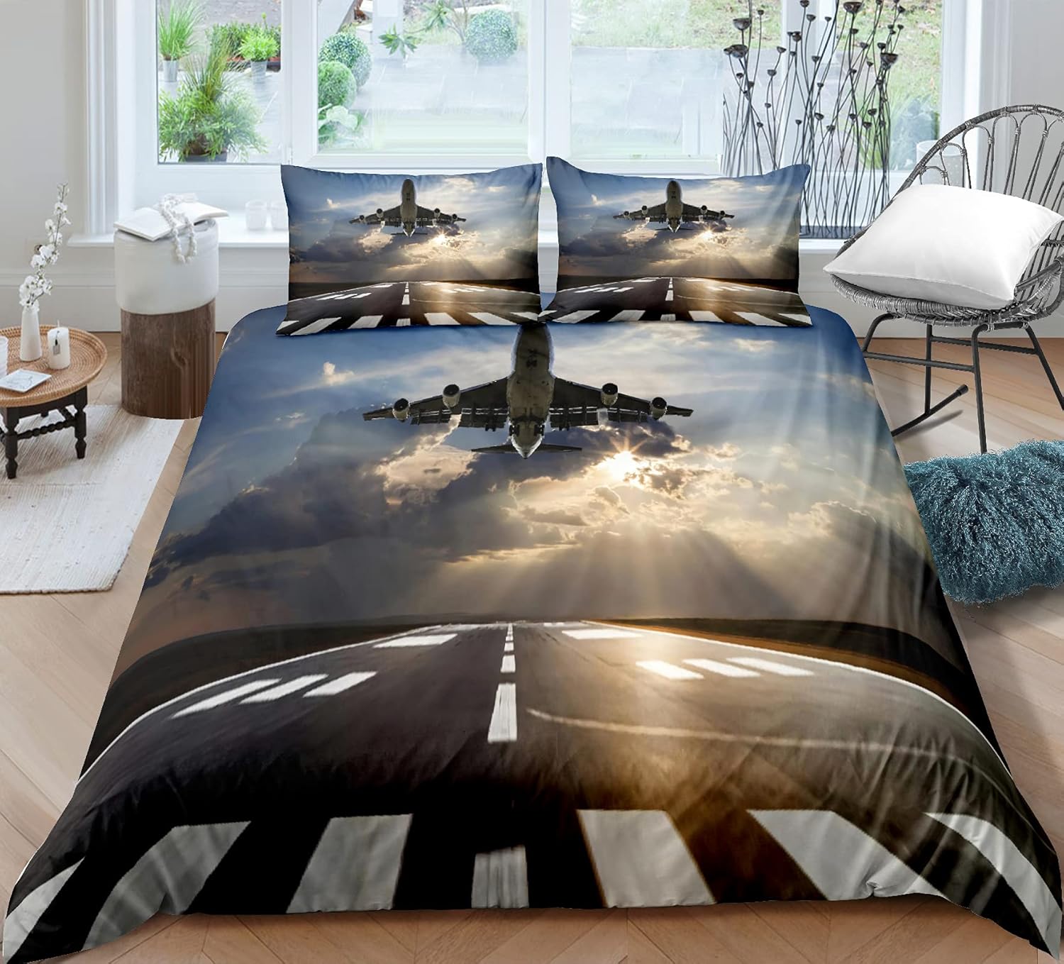 Jingzhang Airplane Duvet Cover, Aircraft Bedding Set Aviation Quilt Cover for Kids Boys Girls Teens, Clouds Trendy Duvet Cover Decor Twin Size
