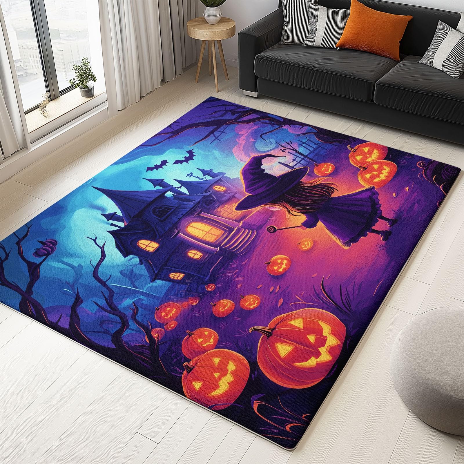 Area Rugs 160 x 230 cm Machine Washable low Pile carpet, Non-Slip Backing Cartoon Style Non-Shedding carpet, Pumpkin Castle Illustration Rugs for Living Room Bedroom Kitchen
