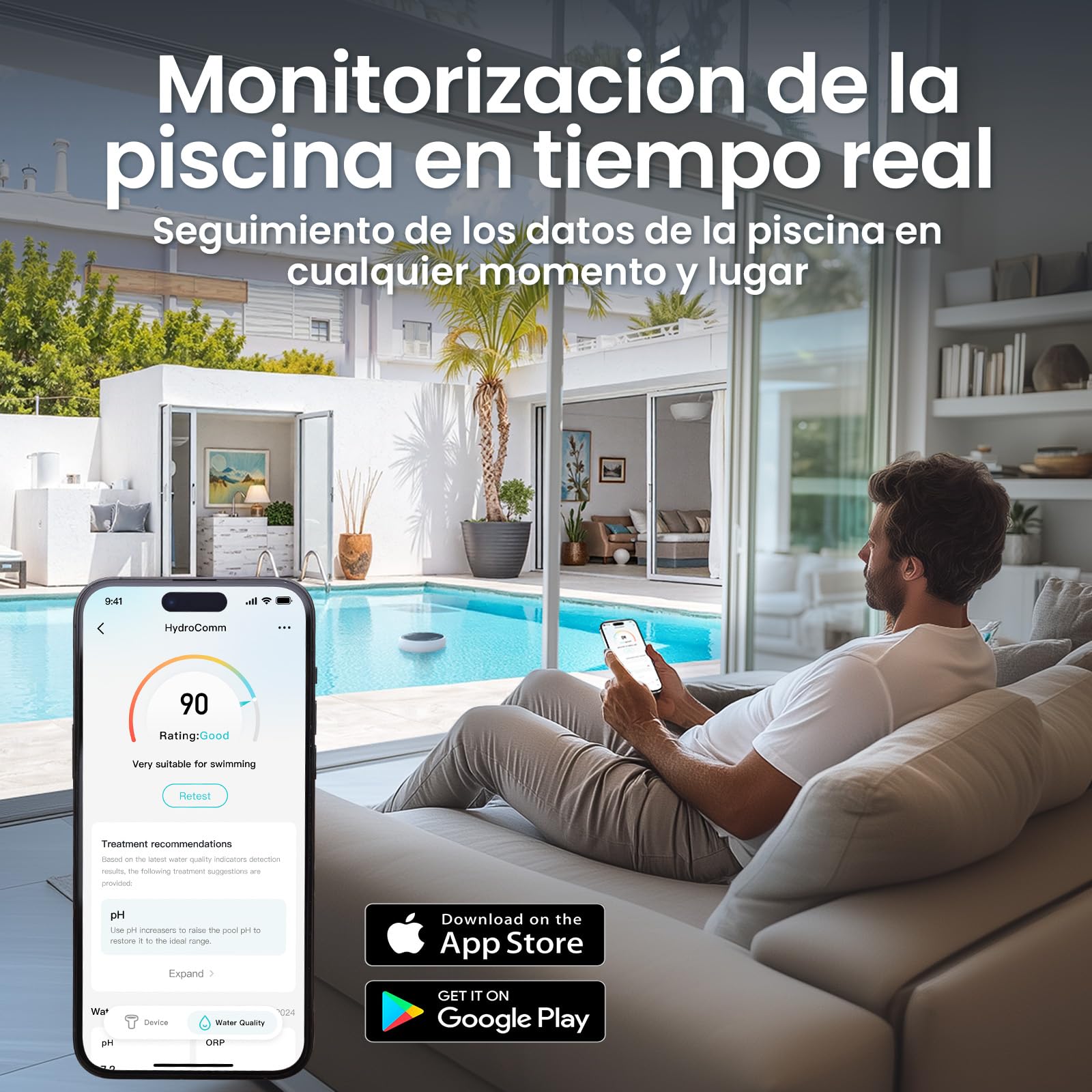 AIPER HydroComm Analizador Agua Piscina Inteligente – Monitor de Piscina con App, Análisis 5-en-1 (pH, ORP, EC, TDS, Temperatura), Supervisión Automática 24/7, Energía Solar + Batería