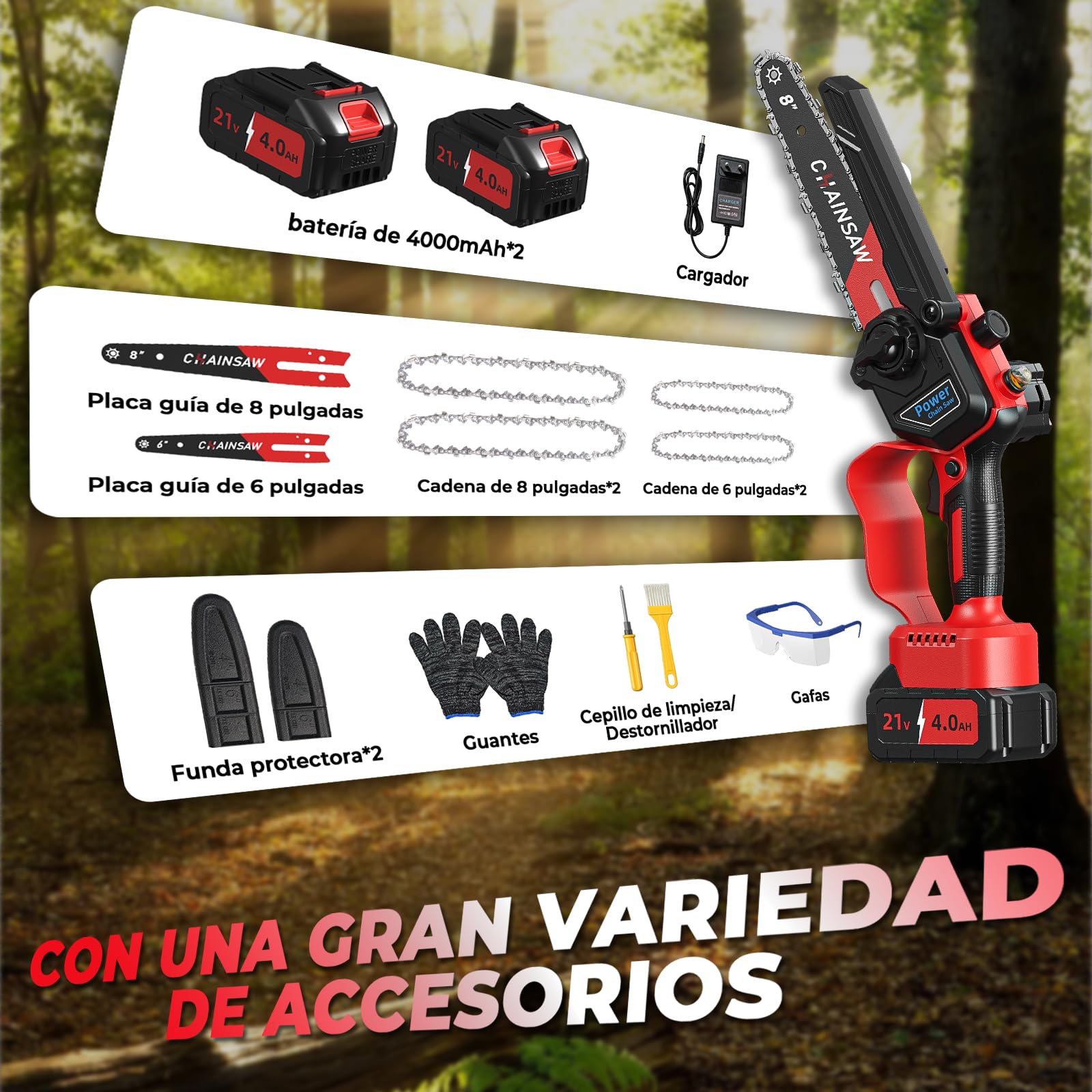 Mini Motosierra Bateria 6 y 8 Pulgadas, 8000mAh Motosierra Eléctrica, 1300W Motor Sin Escobillas Motosierras de Mano, Minimotosierras de Batería para Jardinería, Compatible con las Baterías de Makita