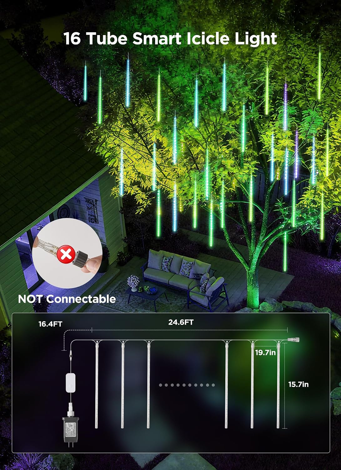 Smart Meteor Shower Lights Outdoor, 16Tube 256LED 24.6ft Color Changing Dripping Icicle Christmas Lights for Outdoor Outside, APP Controlled RGB Customize Display DIY Dynamic Lighting Effec