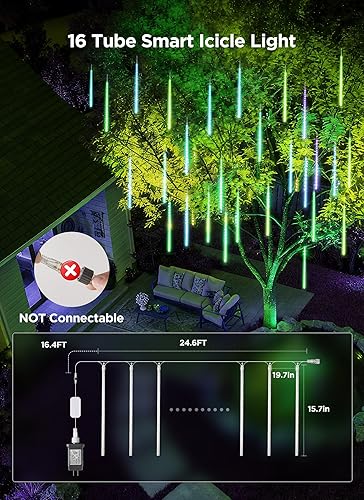 Miniatura 4 de Luces inteligentes de lluvia de meteoritos para exteriores, 16 tubos, 256 LED, 24.6 pies, cambio de color, luces de Navidad para exteriores y