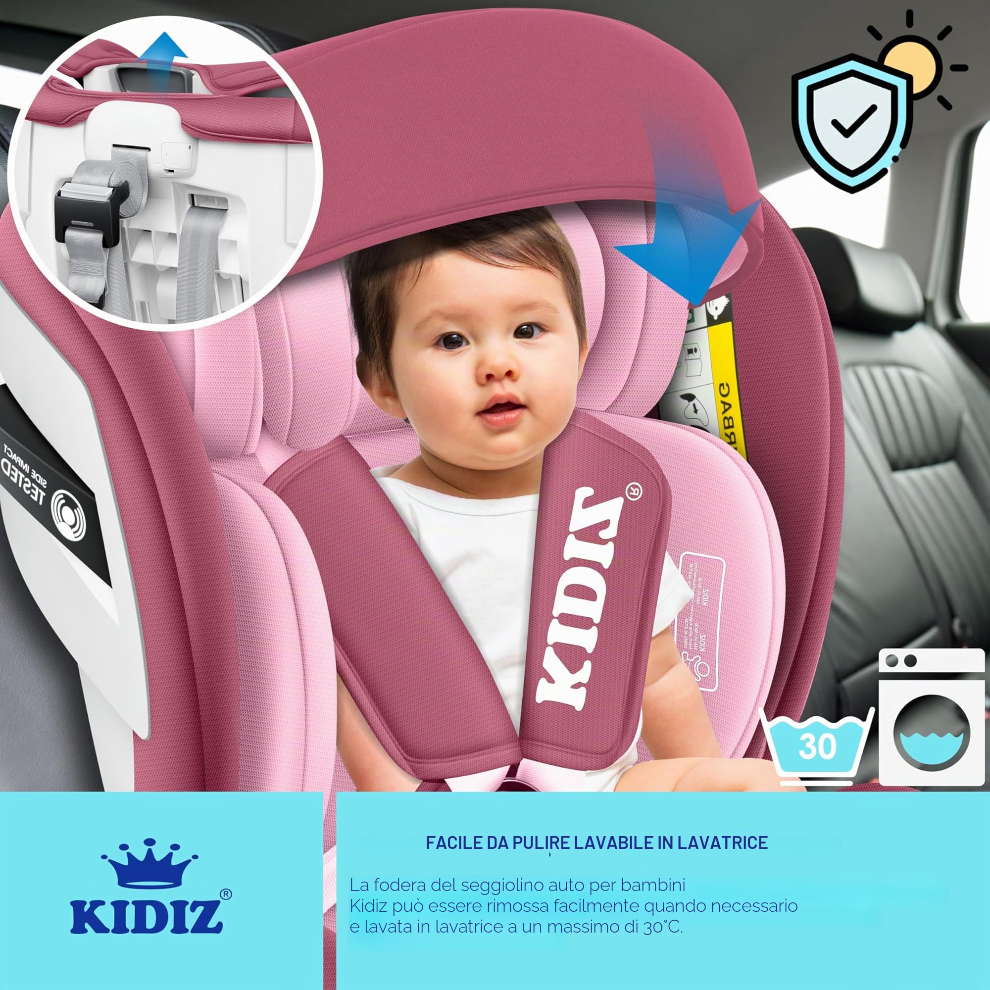 KIDIZ® Seggiolino auto per bambini Seggiolino auto per neonati Seggiolino auto per bambini Isofix Top Tether Girevole a 360° Gruppo 0/1/2/3 dalla nascita 0-36kg (Rosa)