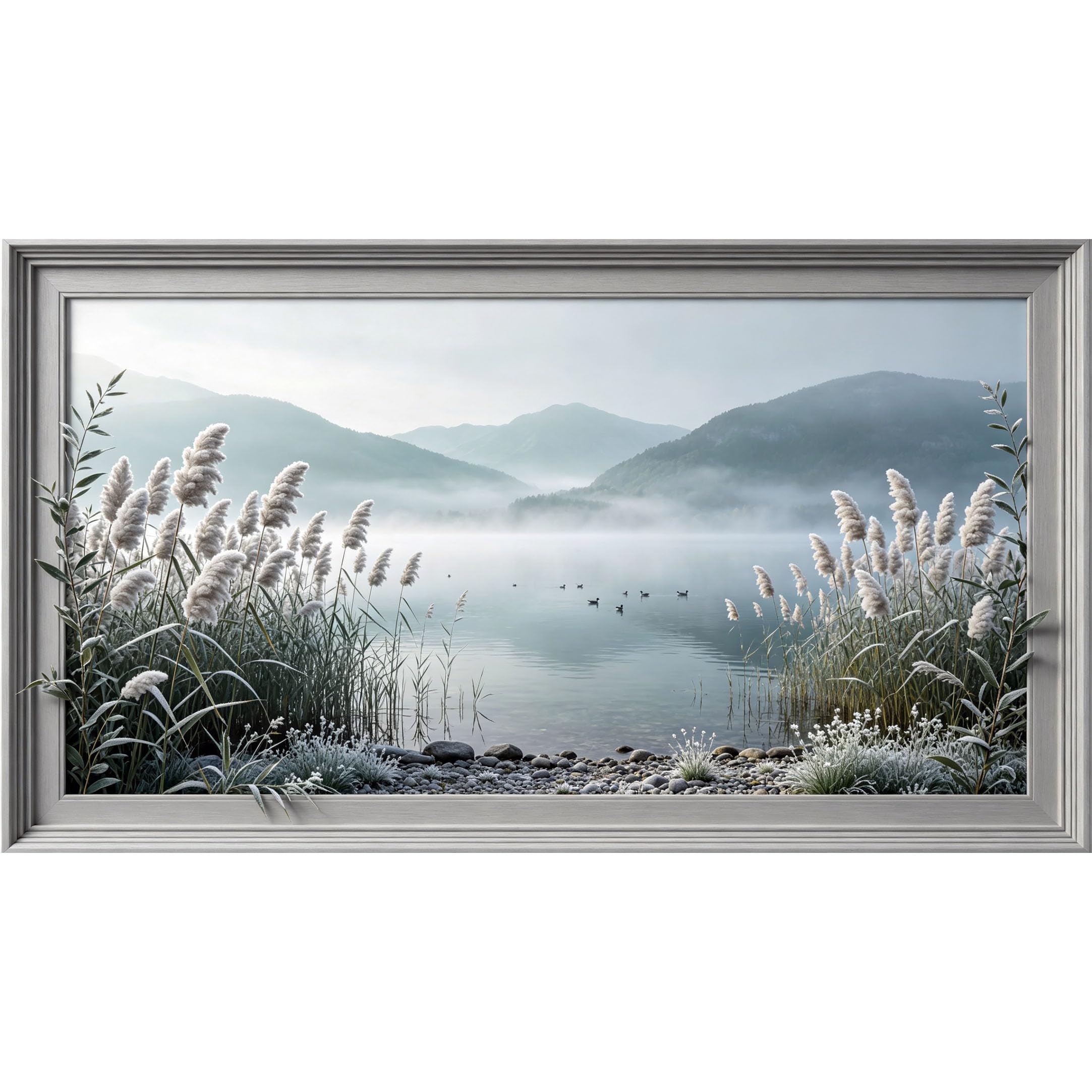 QZLITHOTIC 50x90cm3D Framed Wall Art， Misty Mountain Lake Landscape Self‑Adhesive Mural， Water‑Activated Peel & Stick Fabric Decor Wall Decal for Bedroom Living Room
