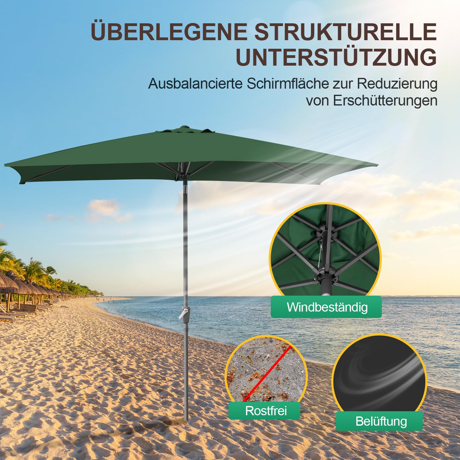 Parasol 1,4x2,1/2x3 m, UV50+, Parasol z korbą i regulacją pod kątem 30°, 160g/m² poliestru, bez podstawy, duży parasol z korbą do basenów, balkonów i ogrodów, z LED/bez LED