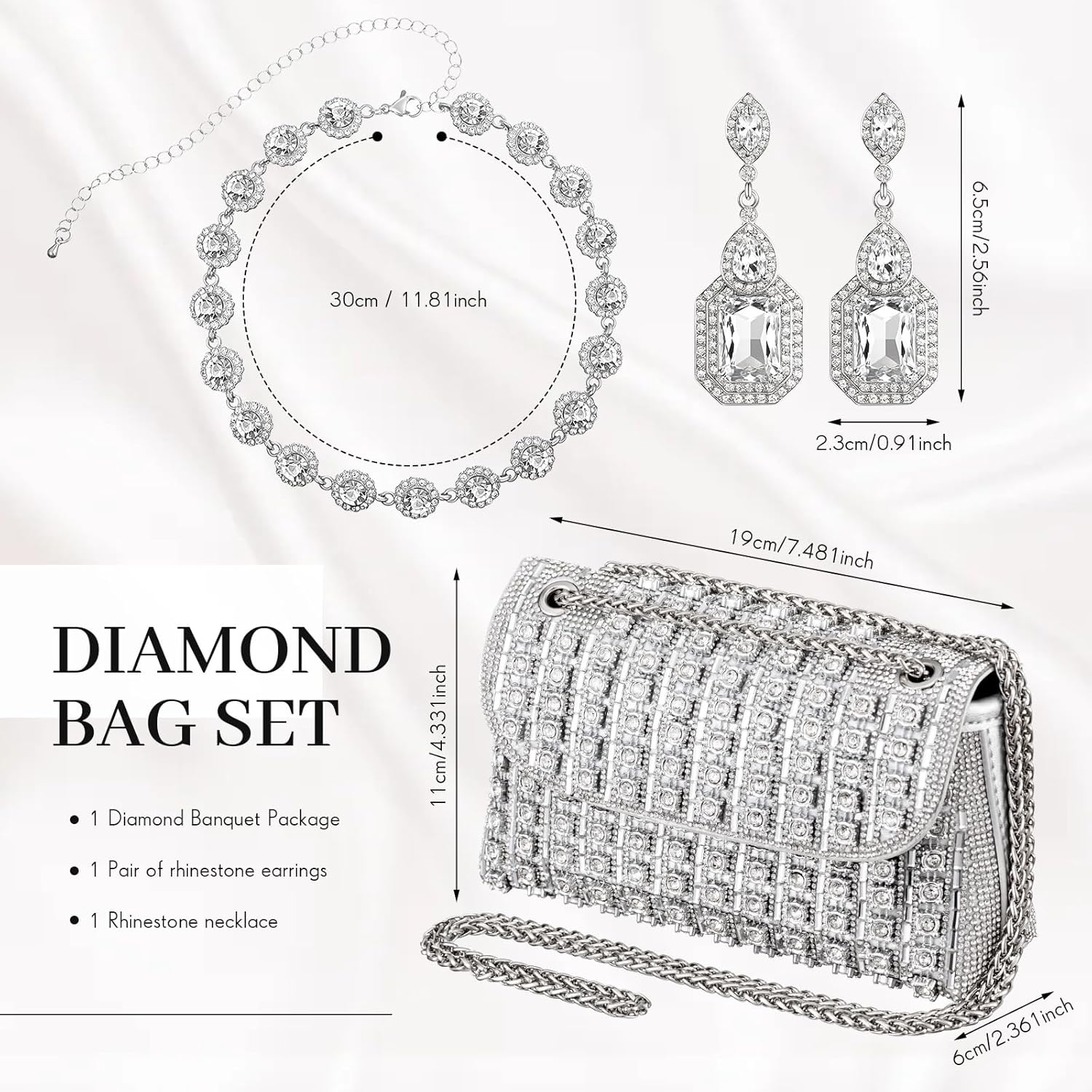 Landical 3 Pcs Rhinestone Clutch and Jewelry Set for Women, Crystal Diamond Earring & Necklace, Evening Wedding Formal