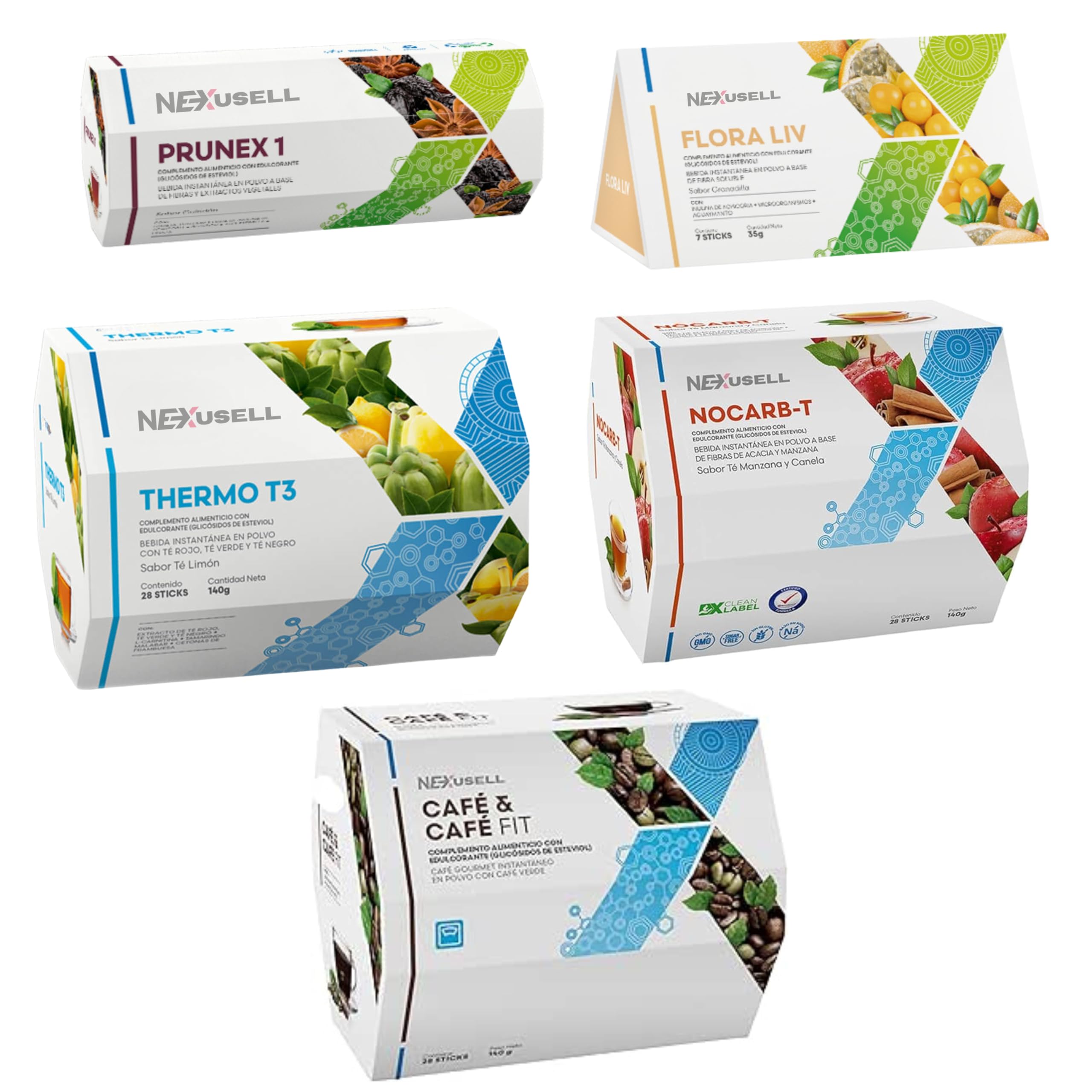 PACK Té Control de Peso 5 en 1 | 98 Sobres | Detox, Probióticos, Café Fit, Termogénico y Control de Carbohidratos | Prunex 1, Flora Liv, Thermo T3, Nocarb-T y Café Gourmet Instantáneo