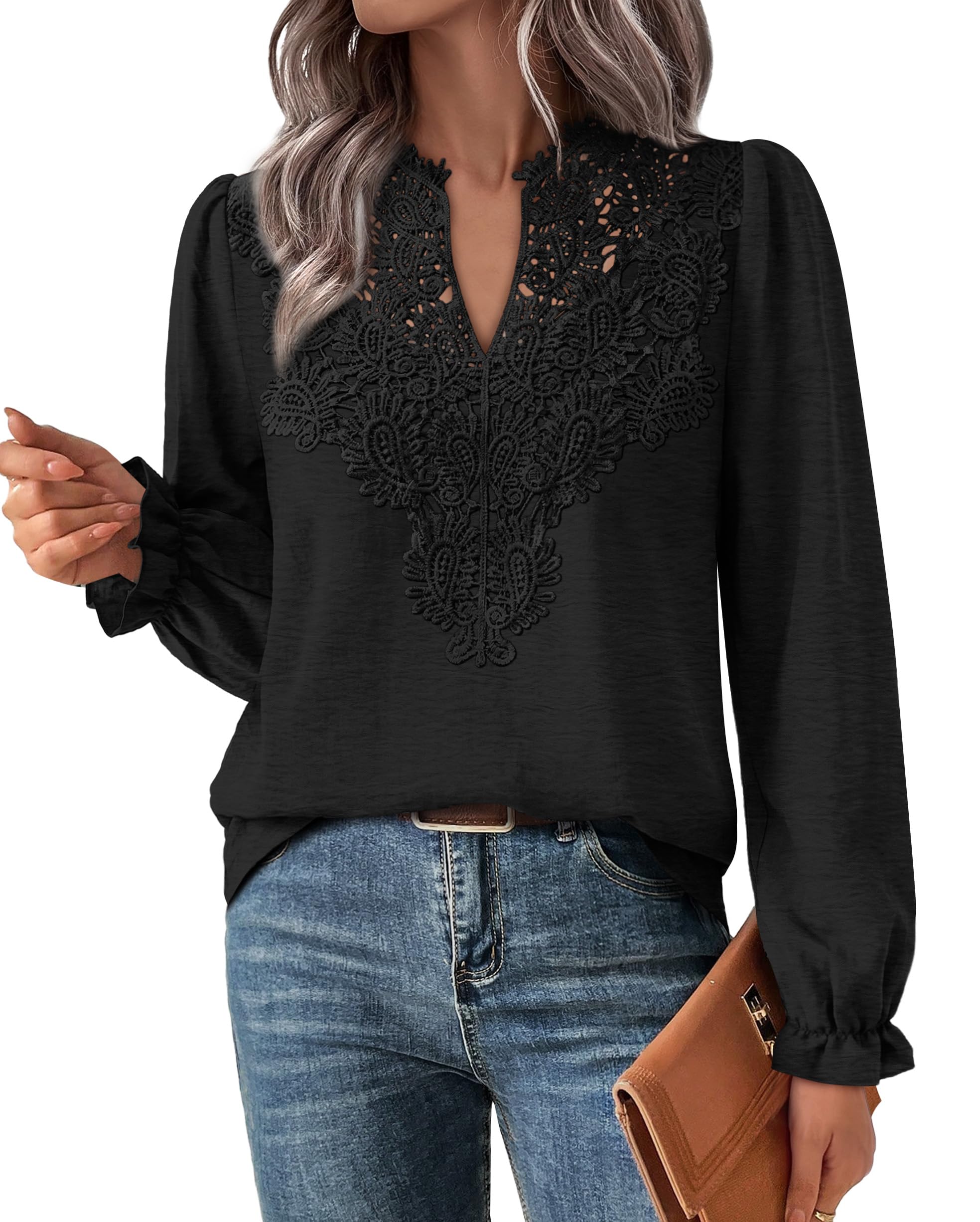 Boho Tops for Women V Neck Lace Long Sleeve Tops Dressy Blouses Black L