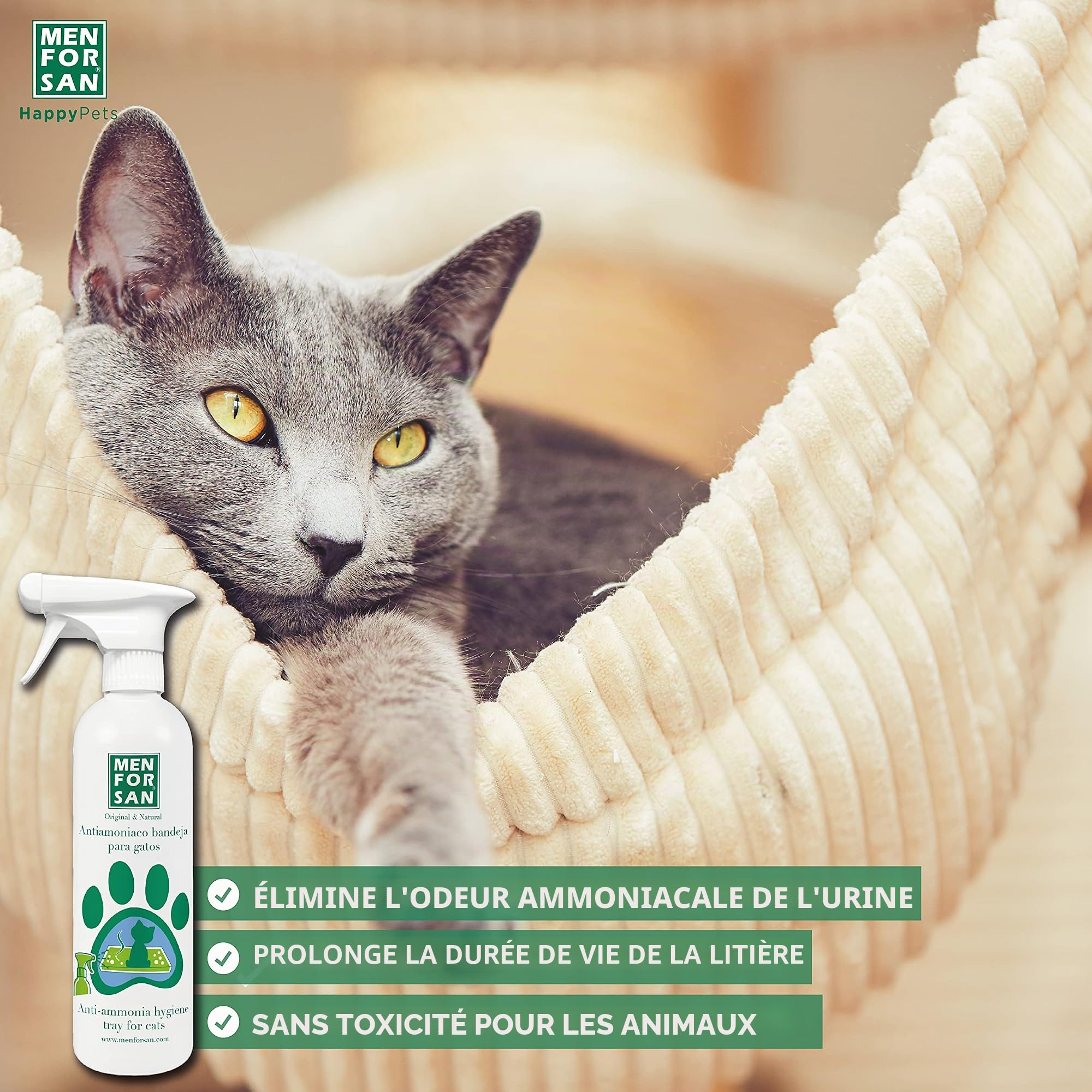 MENFORSAN Antiammoniac Plateaux de Chat 500 ML, élimine Les odeurs d'urine, n'est Pas Toxique