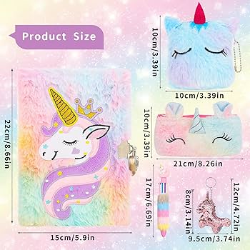 Uooker Unicorn Secret Diary With Lock For Girls, Plush Unicorn Journal