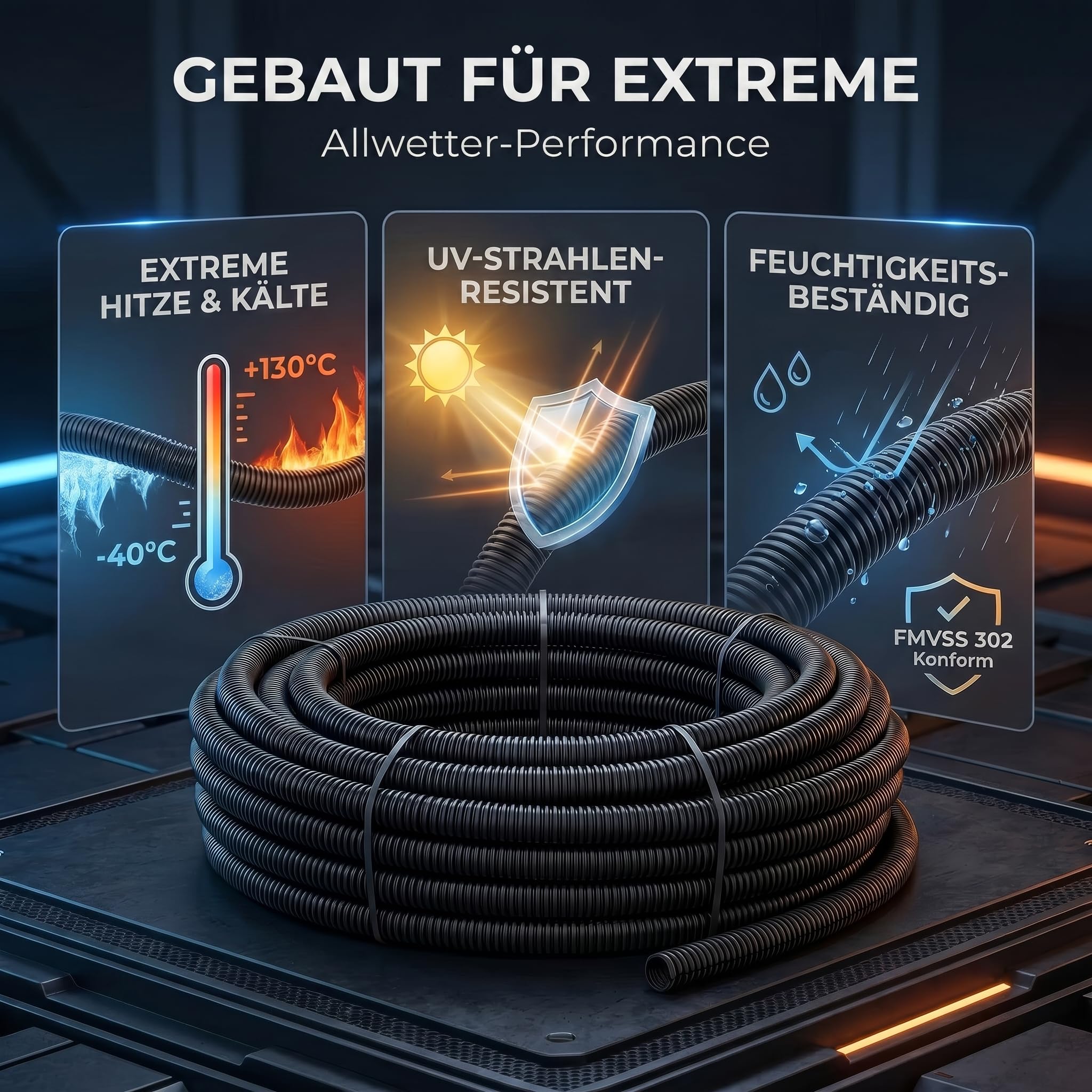 AUPROTEC Wellrohr geschlitzt NW 12 / Innen-Ø 12,5 mm, 50m, Schwarz | Polypropylen, PP-MOD, UV-beständig, Hitzebeständig, Kabelschutzschlauch, Innen- und Außenbereich