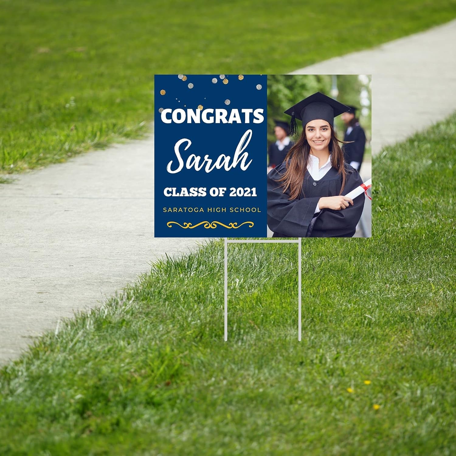 Graduation Yard Sign with H-Stake, Personalized Outdoor High School College Graduation Signs, Custom Lawn Decorations, Class of 2021 Sign, 24 inch x18 inch Double-Sided
