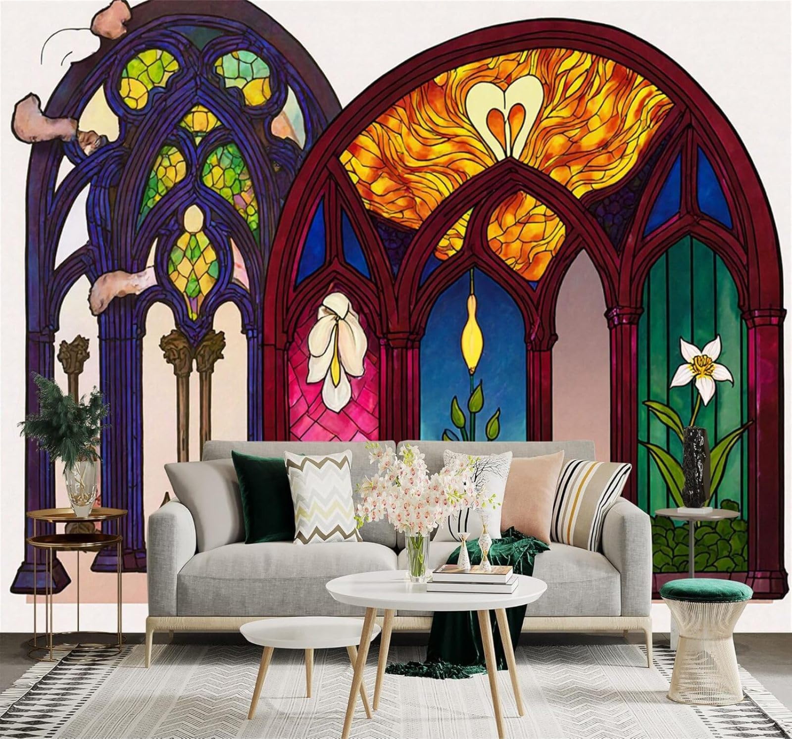 Tzxztt Colourful Stained Glass Windows Flowers Sunset Scenery Modern 3D Wallpaper Premium Textured Silk Neutral Tones Material Ideal for Living Room Bedroom-300cm×210cm