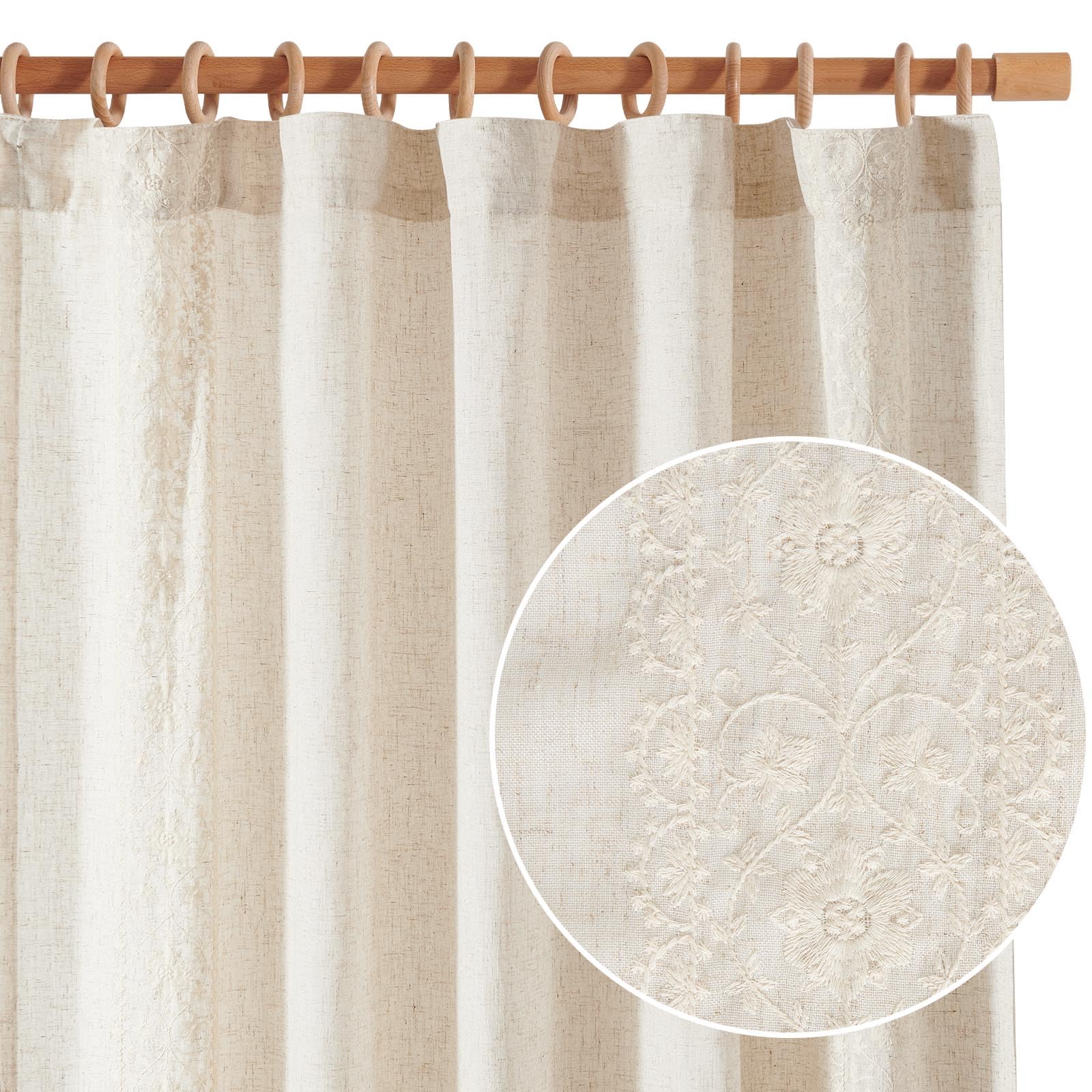 jinchan Linen Curtains for Bedroom Ivory Vintage Floral Farmhouse Curtains 96 Inches Long Boho Curtains for Living Room Embroidered Bordered Drapes Light Filtering Rod Pocket Ivory on Beige 2 Panels