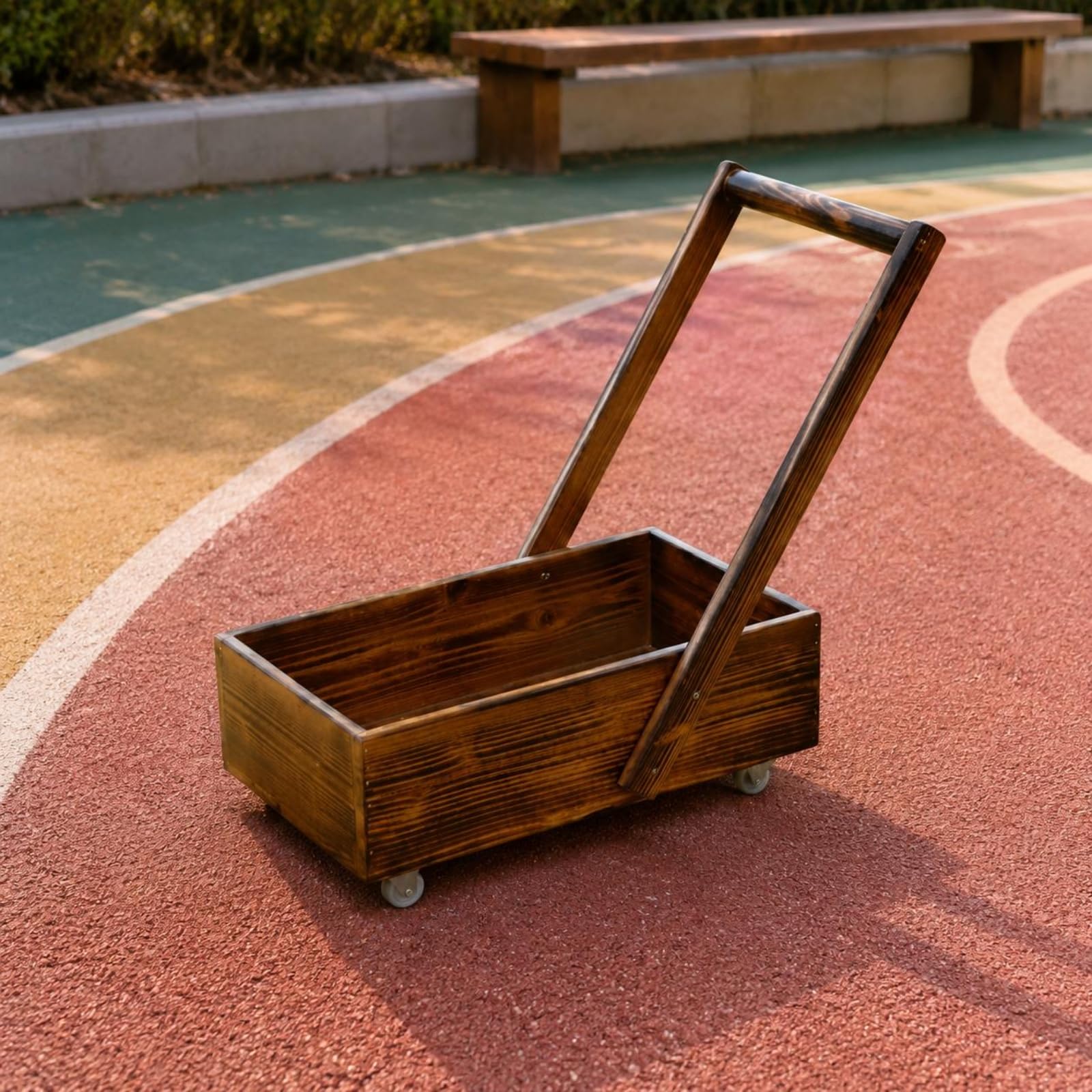 Carrello in Legno Carbonizzato Ruote Girevoli Carretto Miniatura con Manico Struttura Robusta Giocattolo da Trainare per Età Prescolare, Esterno