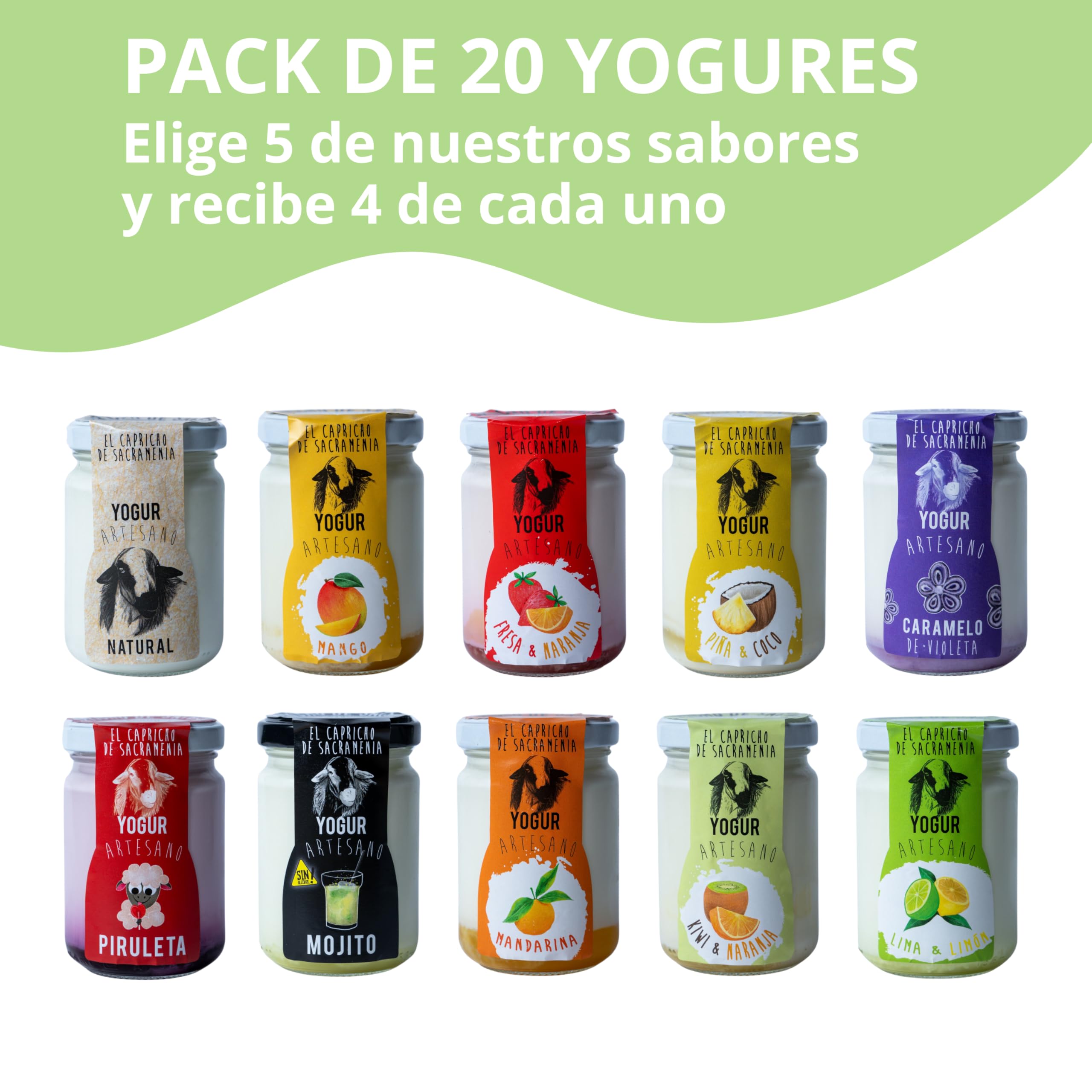 El Capricho de Sacramenia | Pack personalizado | 20 Yogures Artesanales Leche de Oveja | 4 und. 5 variedades a elegir | Cremoso, Natural, Saludable | Gourmet | Sin Gluten | Sabor Único y Original