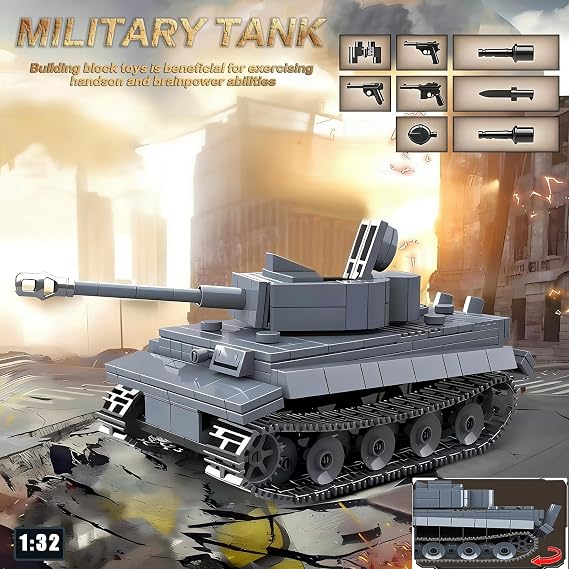 1:32 Tiger Tank Clamping Blocks 503 Pieces WWII Army Military Toys Lightweight Tank Model Kit Combat Truck Building Blocks with Weapons Equipped Creative Gifts for Young People Military Fans