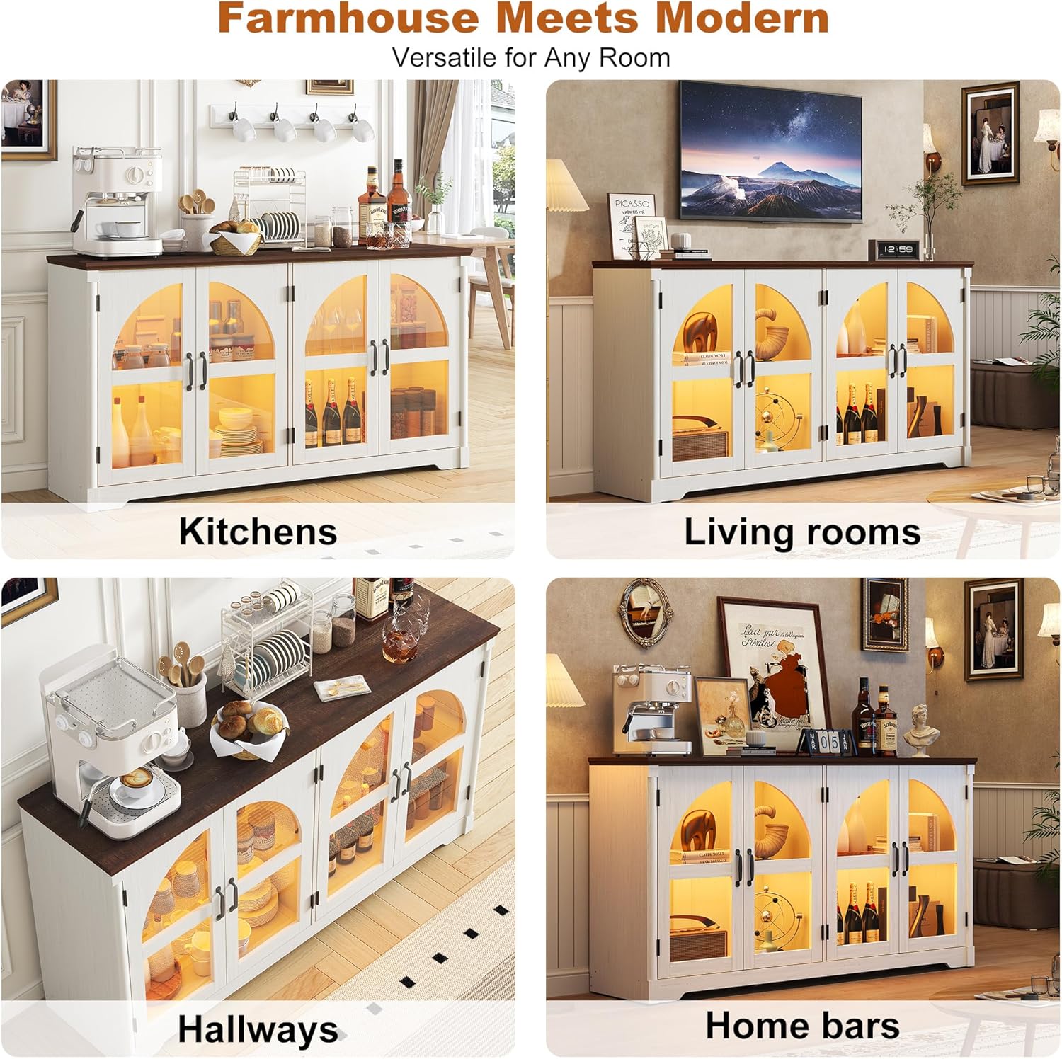 63 Inch Sideboard Buffet Cabinet,Modern Arched Buffet with Led Lights and Glass Doors,Kitchen Buffet Cabinet with Storage Large Curved Cabinets w/Adjustable Shelves for Living Room,Kitchen,White