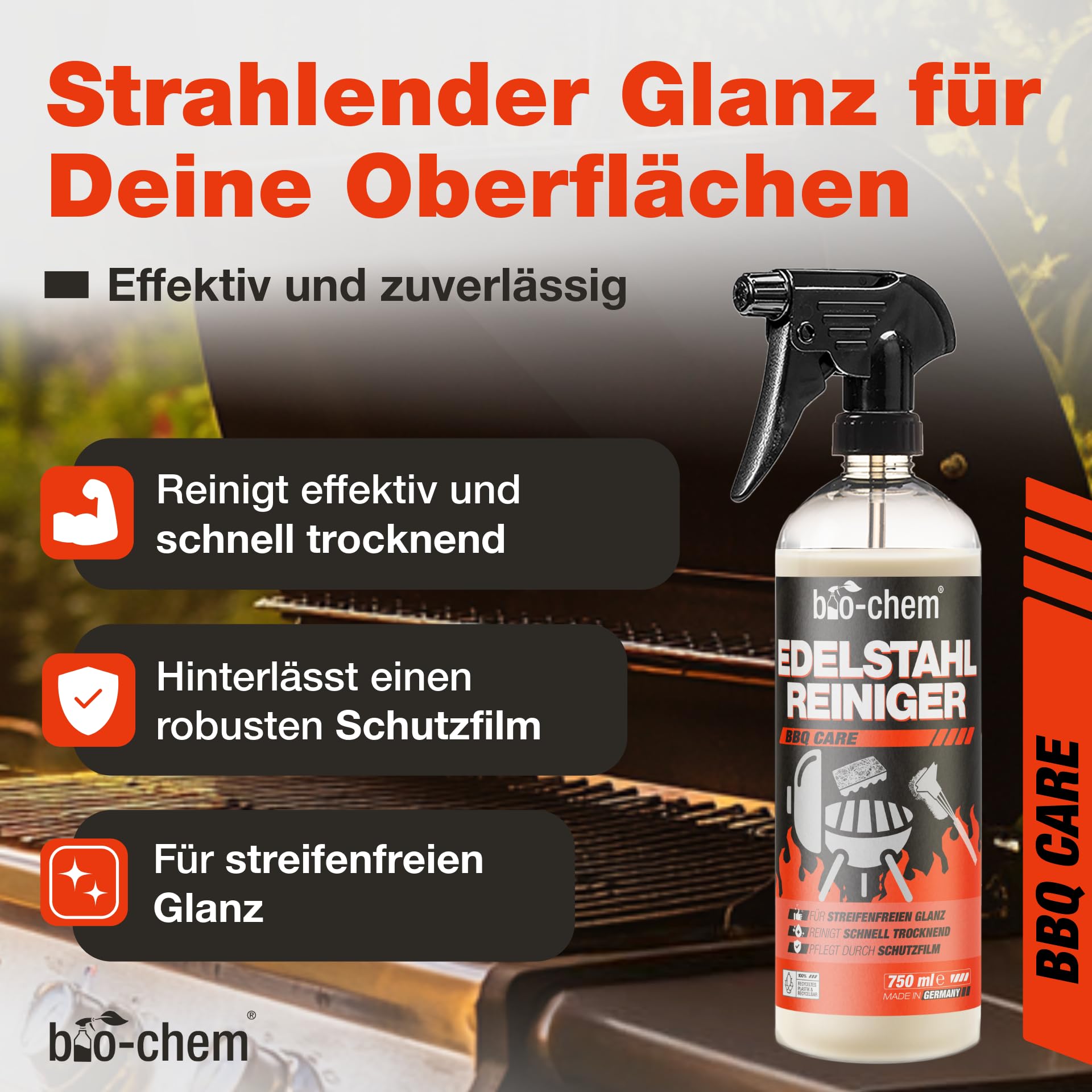 bio-chem Edelstahlreiniger Pflegespray 750ml | Für Küche, Haushalt und Grill aus Edelstahl, Aluminium sowie Chrom