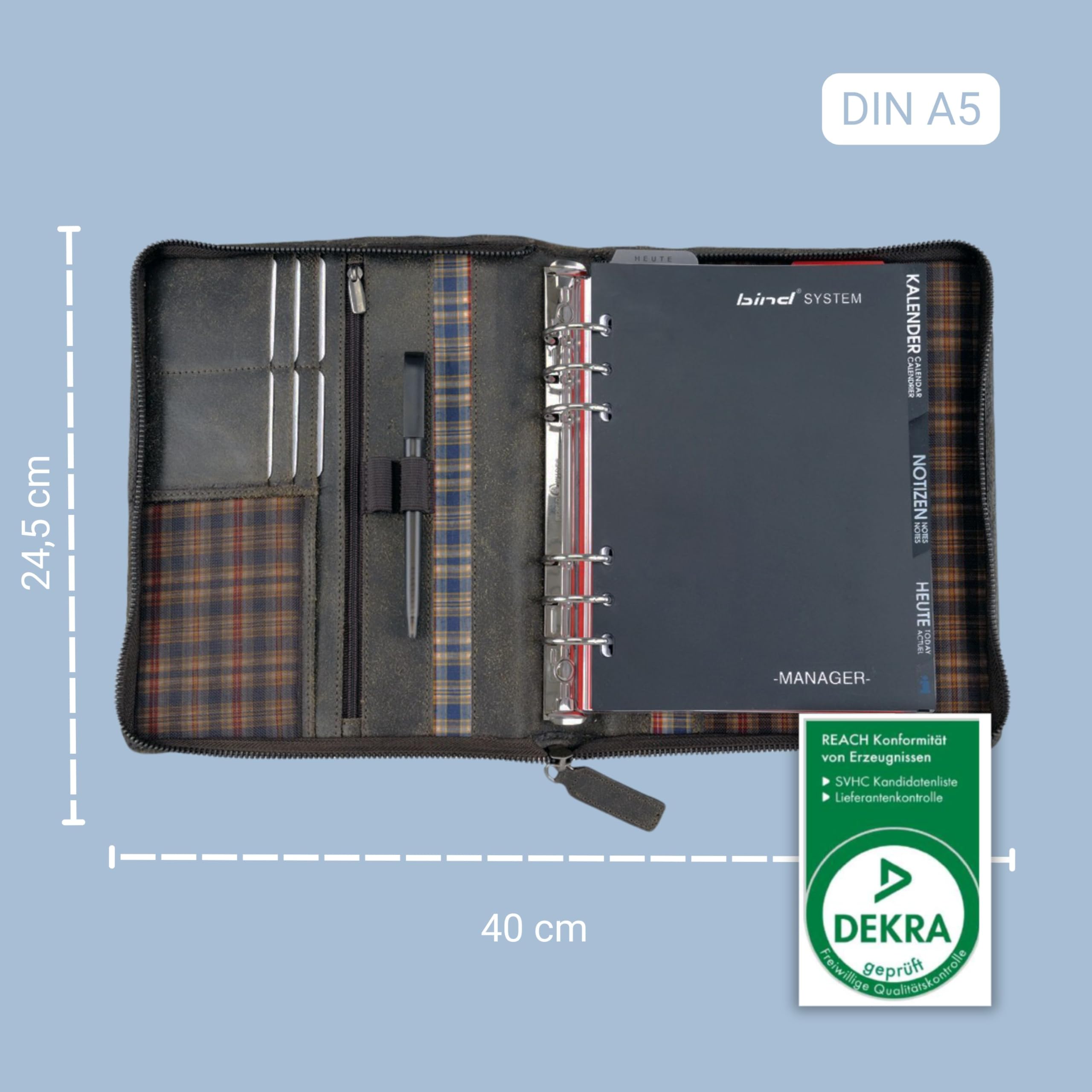 Bind 15503 - Systemplaner Mappe aus split washed Leder in Vintage Optik, braun, ca. 24,5 × 20 × 4 cm, mit A5 Terminkalender 1W=2S (jeweils ab September mit aktuellem Folgejahr)