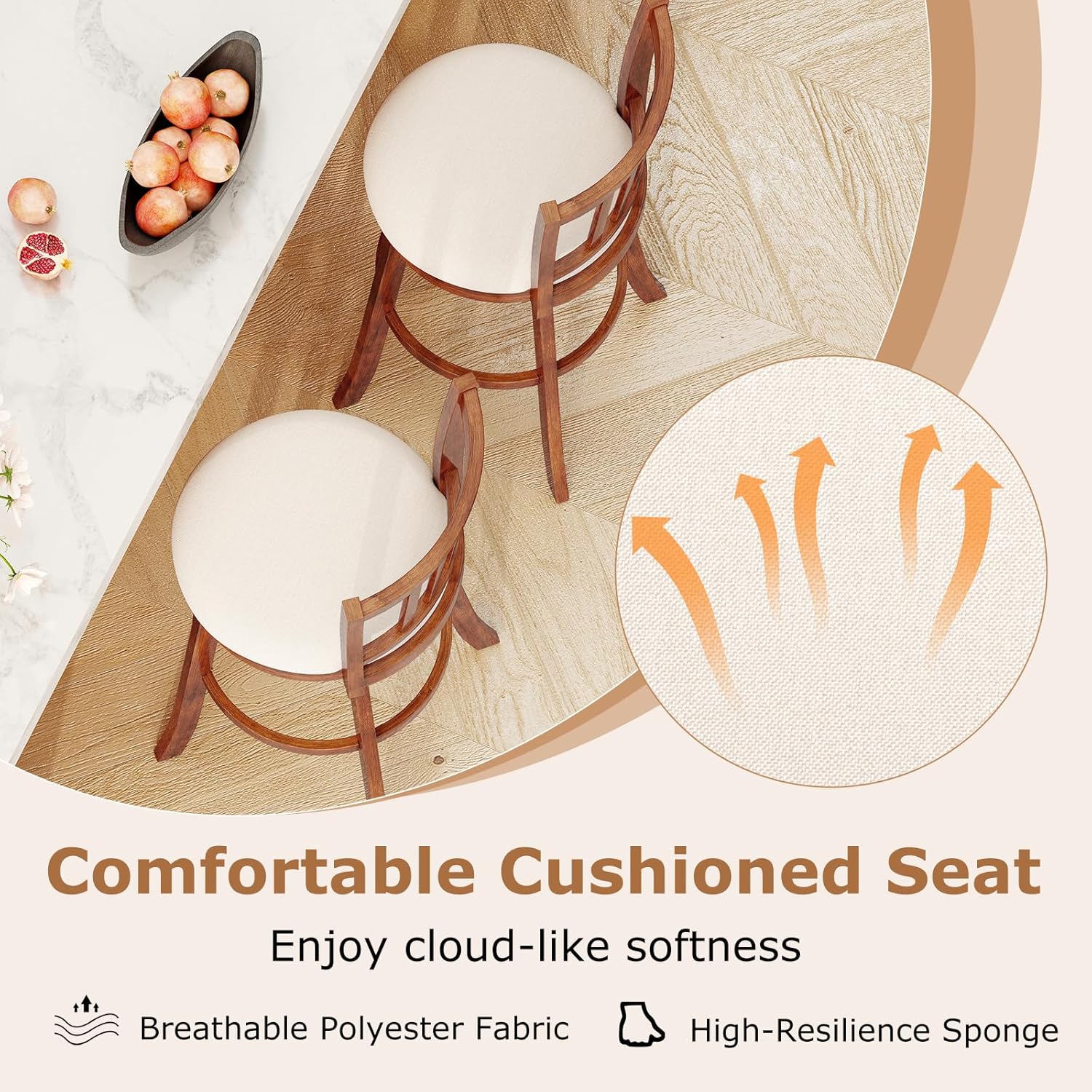 ከላይ ወደታች view of two Giantex bar stool seats, emphasizing the comfortable cushioned design with breathable polyester fabric and high-resilience sponge.