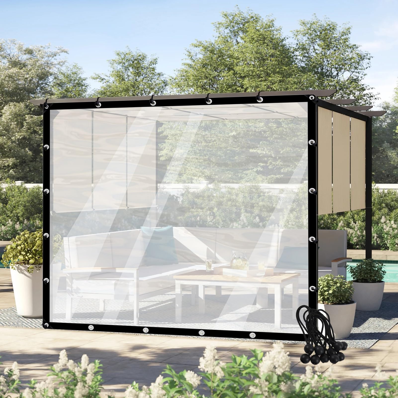 Bâche transparente imperméable de 6 x 5,5 m pour paroi latérale réglable