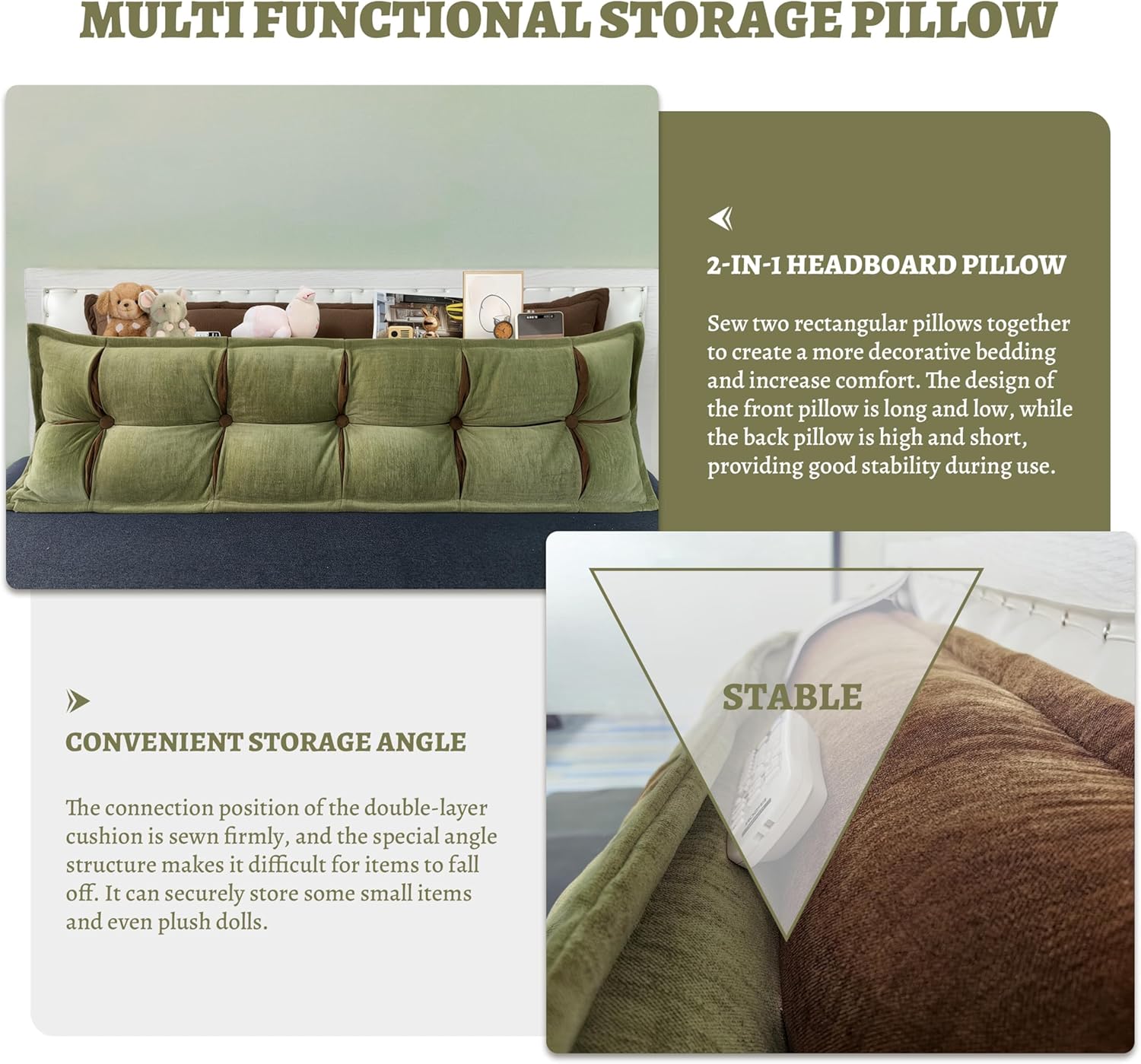Daneey Large Headboard Pillow King (2 Pillows Connected), Soft Daybed Pillows Bolster for Bed Long Pillow for Bed Couch Sofa Backrest, Green