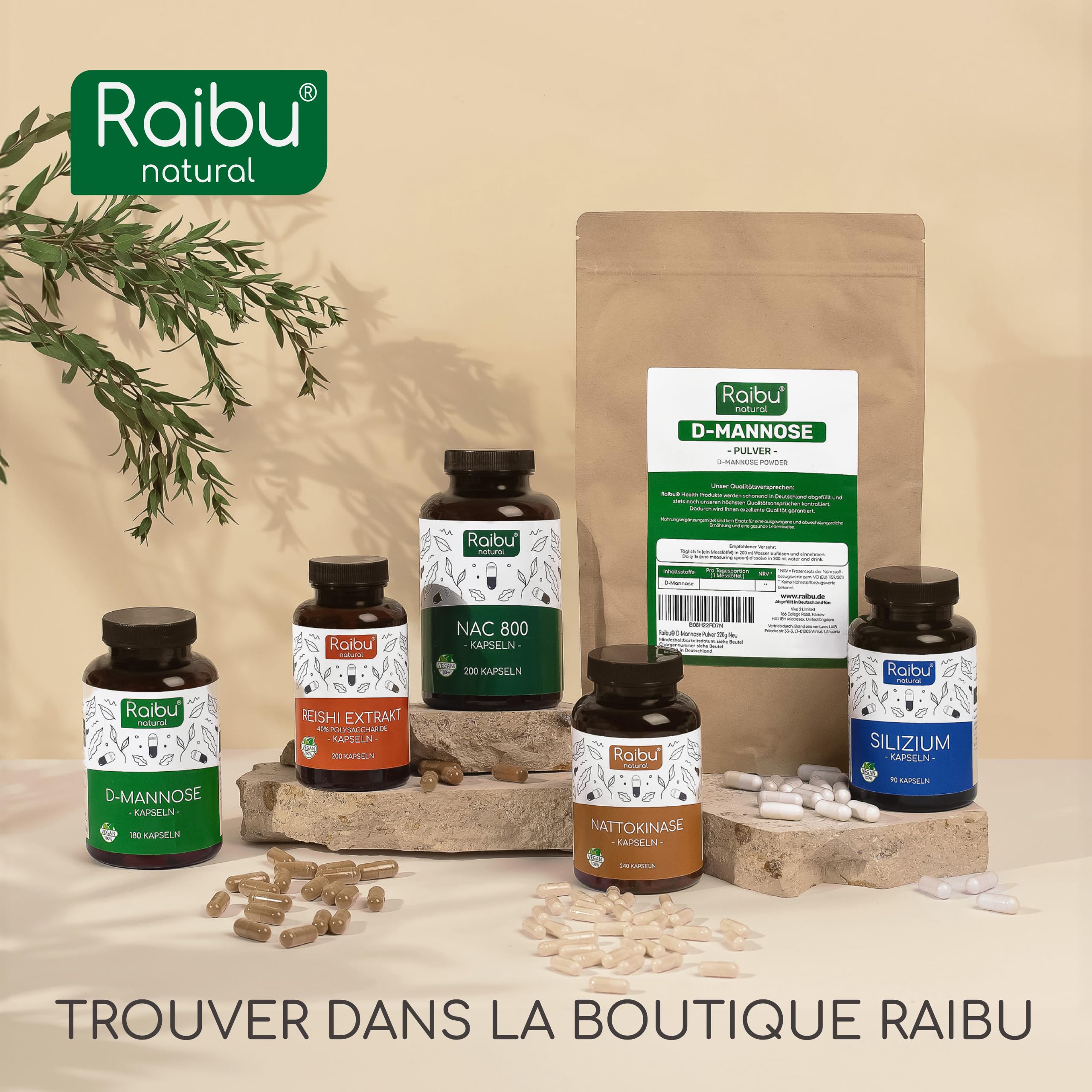 Raibu D-Mannose Poudre 250 g - Plus de 4 Mois - 2000 mg par Dose D Mannose Poudre - Cuillère de Dosage Incluse - Pur & Végétalien