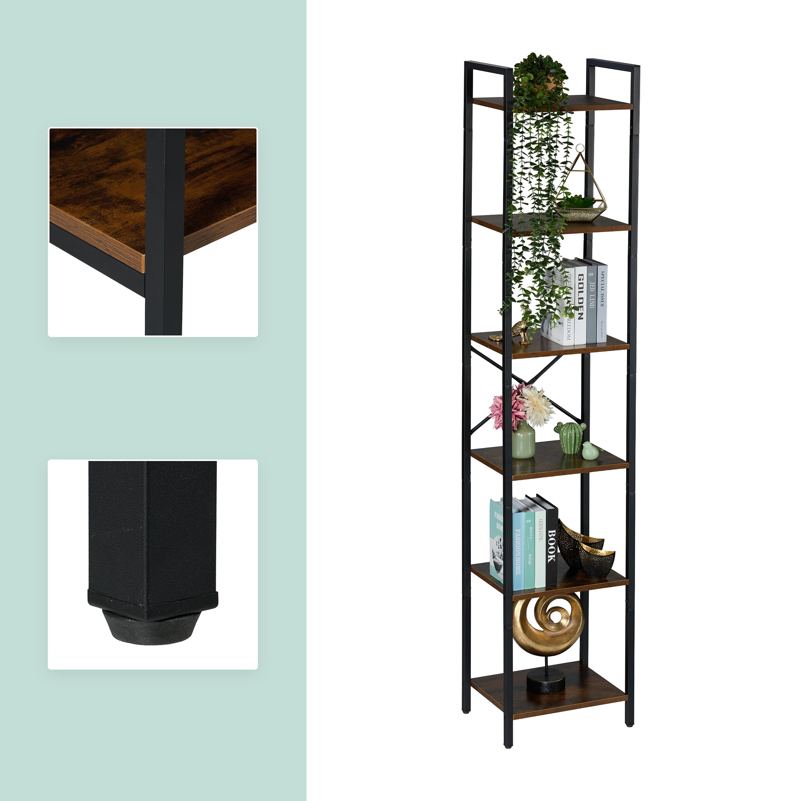Relaxdays Scaffale Libreria a 8 Ripiani, HLP: 187x40x32 cm, Scaffalatura Aperta, Mobile Stile Industriale, Marrone Nero