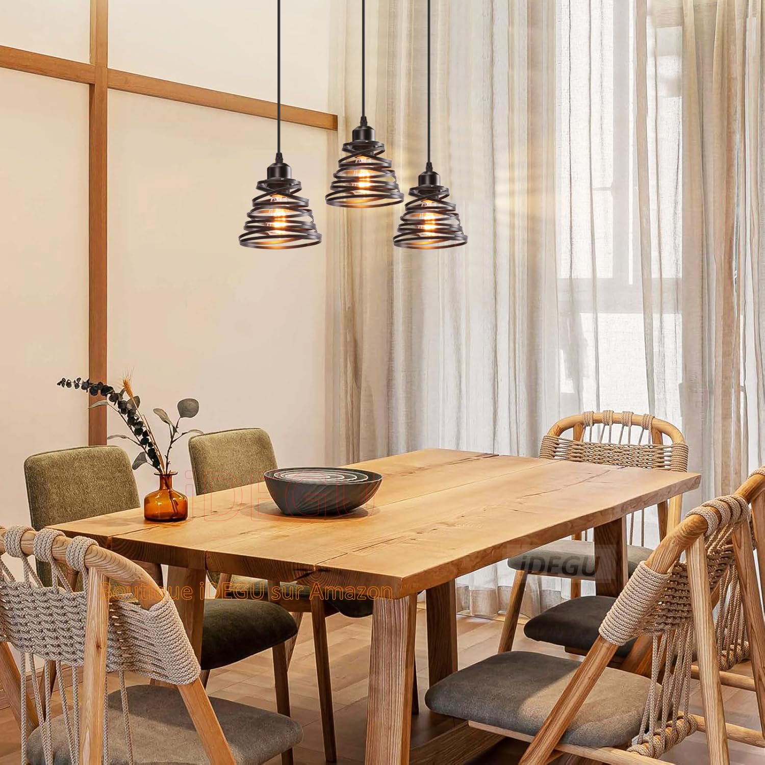 iDEGU 3-flammig Pendelleuchte Moderne Spirale Design Metall Lampenschirm E27 Vintage Lampe Industrielle Hängelampe für Schlafzimmer Wohnzimmer Küche Esszimmer (3-flammig Hängeleuchte, Schwarz, Balken)