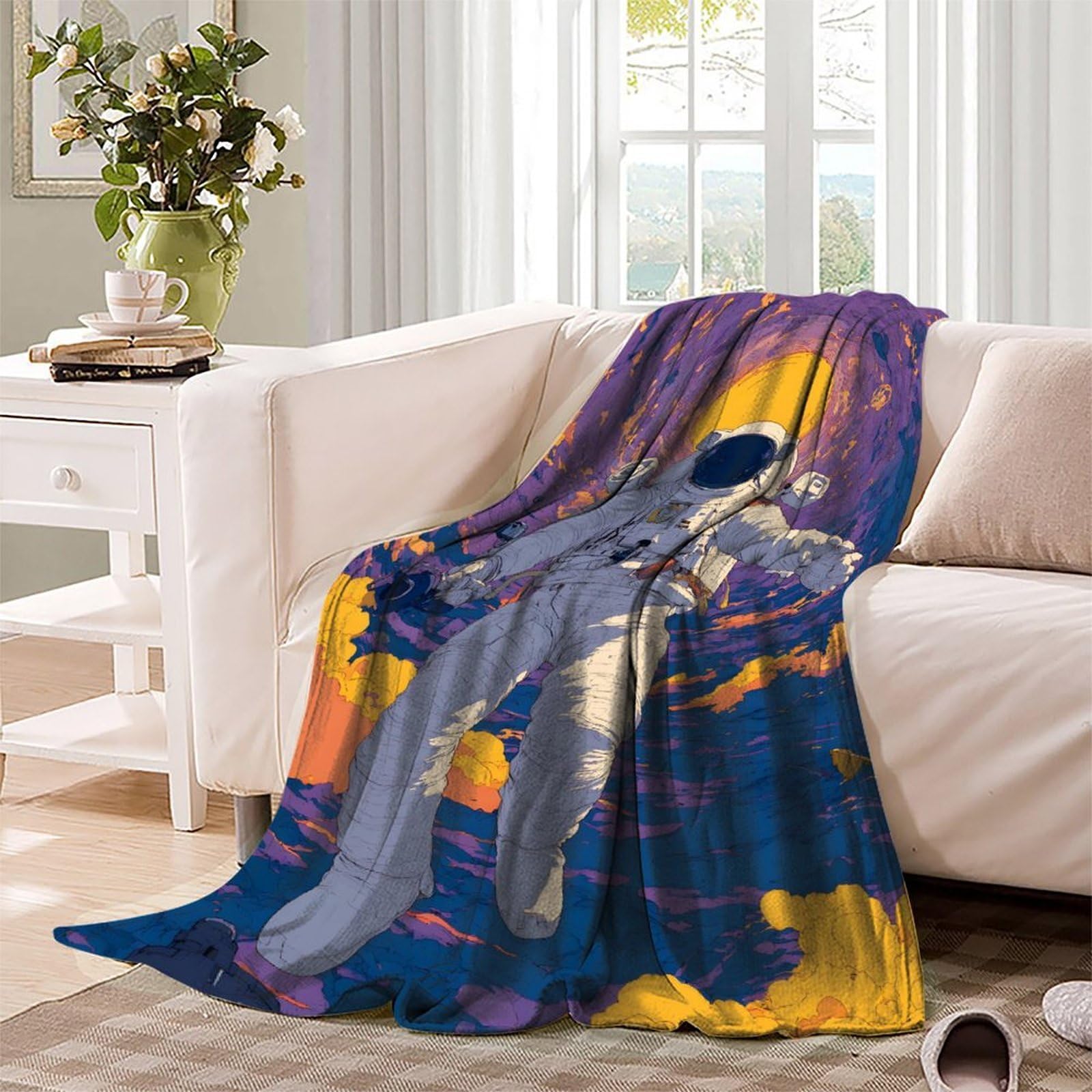 Farbechtes Weltraum Planeten Galaxie Sci-Fi Muster Flanell Fleece Decke, Astronauten Weltraum Mission Weicher Plüsch Bettüberwurf Für Wohnen, 80x90inch(200x230cm)