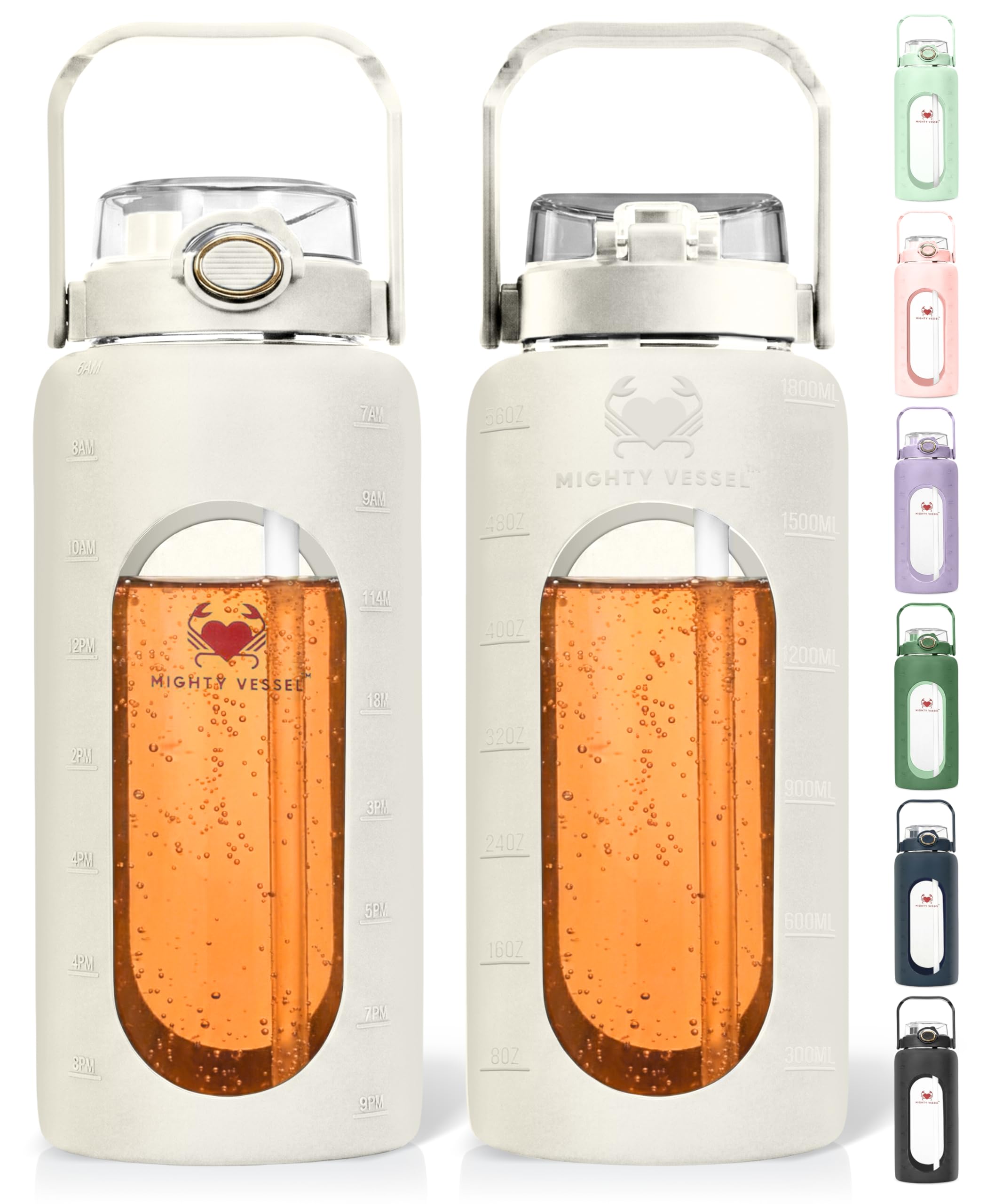 MIGHTY VESSEL 64 Oz Water Bottle with Time Marker & Straw - White Pregnancy 2 Liter Glass Water Bottles with Measurements - Daily intake bottle -