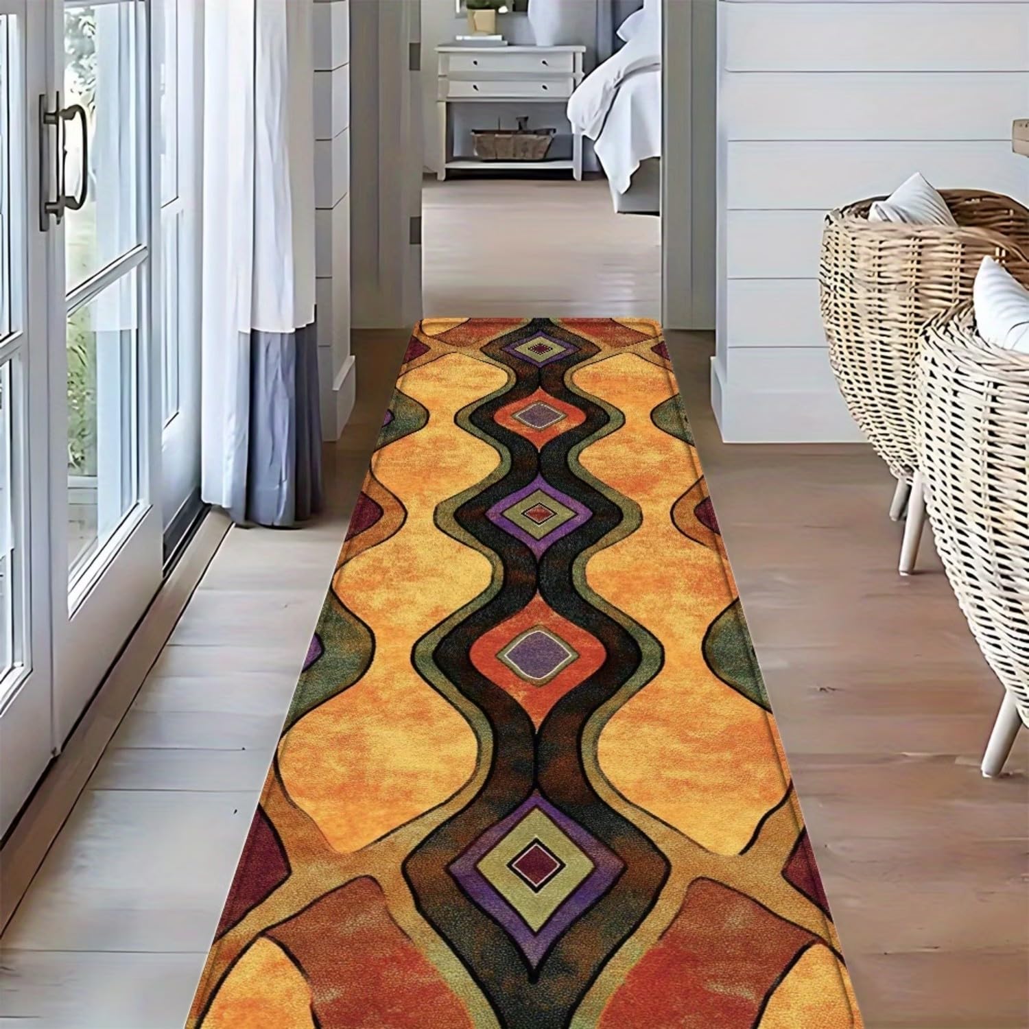 Geometric Rug for Runners, 120x360cm Vintage Distressed Medieval Modern Art Style Hallway Rug, Country Farmhouse Orange, Brown and Purple Rugs With Non-Slip Backing, Washable Carpet for Laundry Rooms
