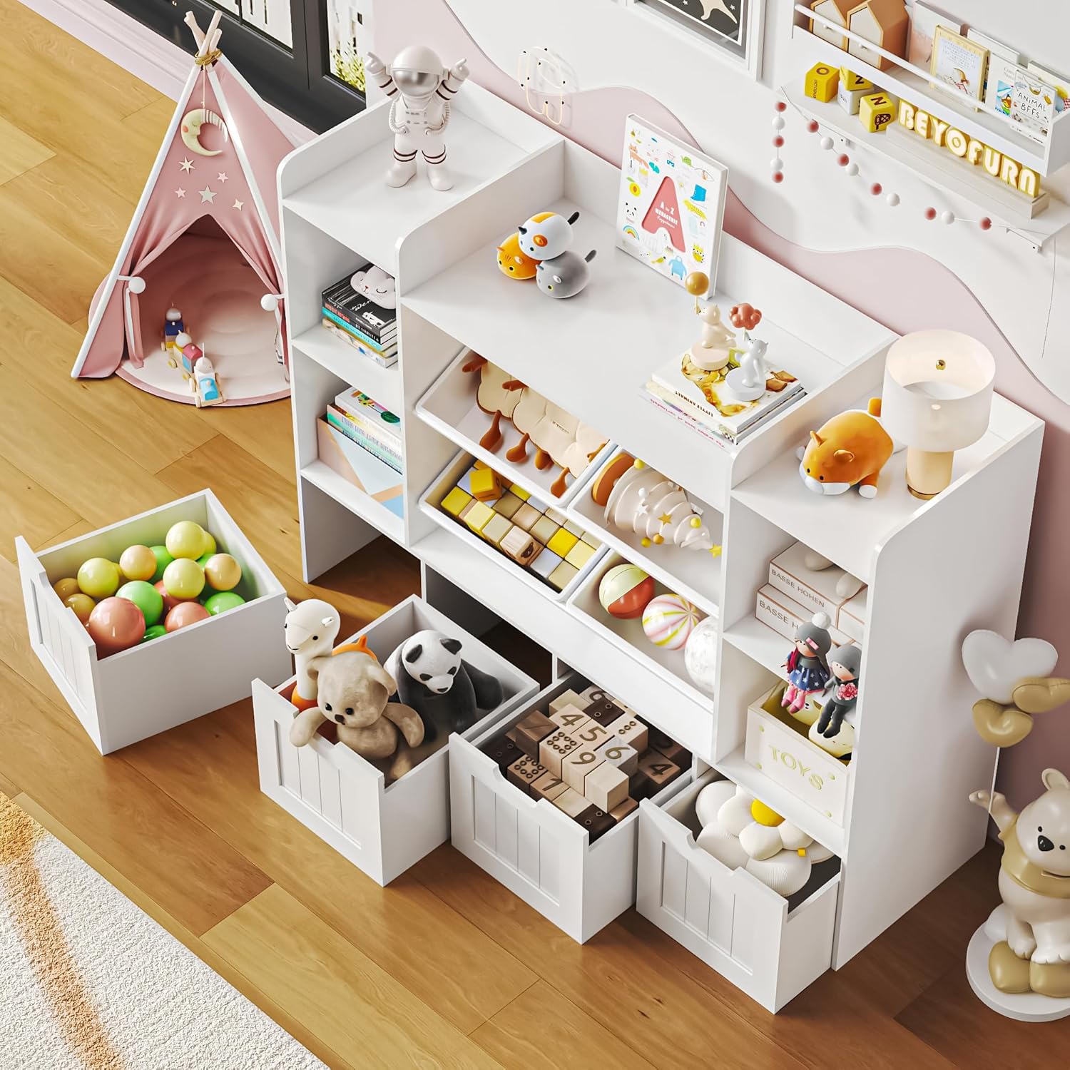 Toy Storage Organizer, Toy Organizer Kids Bookshelf with 4 Movable Drawers and 4 Box Bins, Playroom Organization and Storage for Kids Room, Living Room