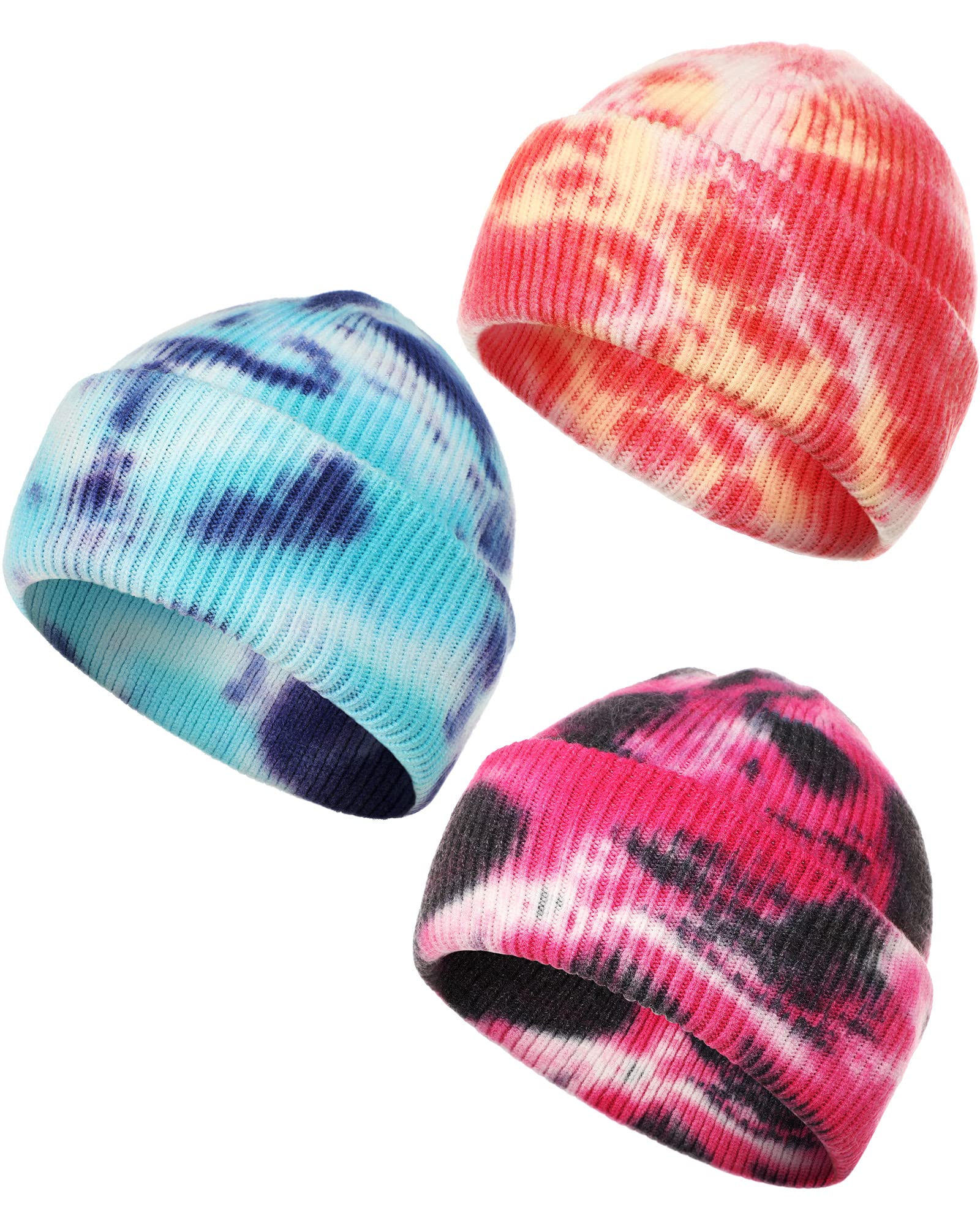 SATINIOR Tie Dye Beanie Cap Knit Beanie Hat Cuffed Warm Winter Skull Cap Oversized